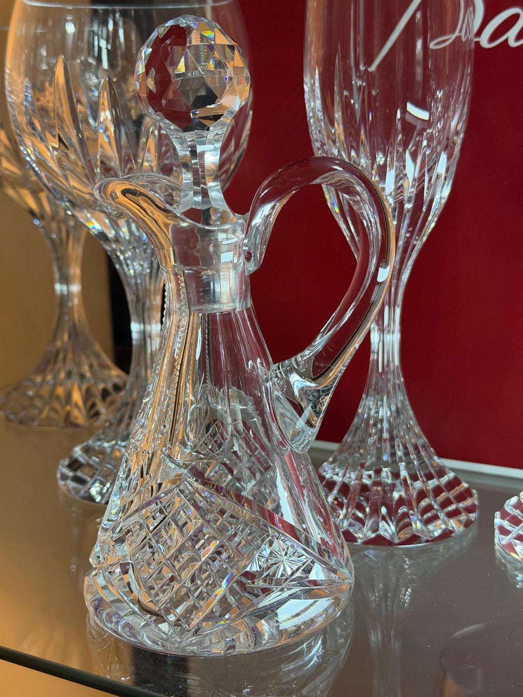 Heavy Cut Crystal Cruet Decanter w Stopper Starburst Base 7 Tall Vintage