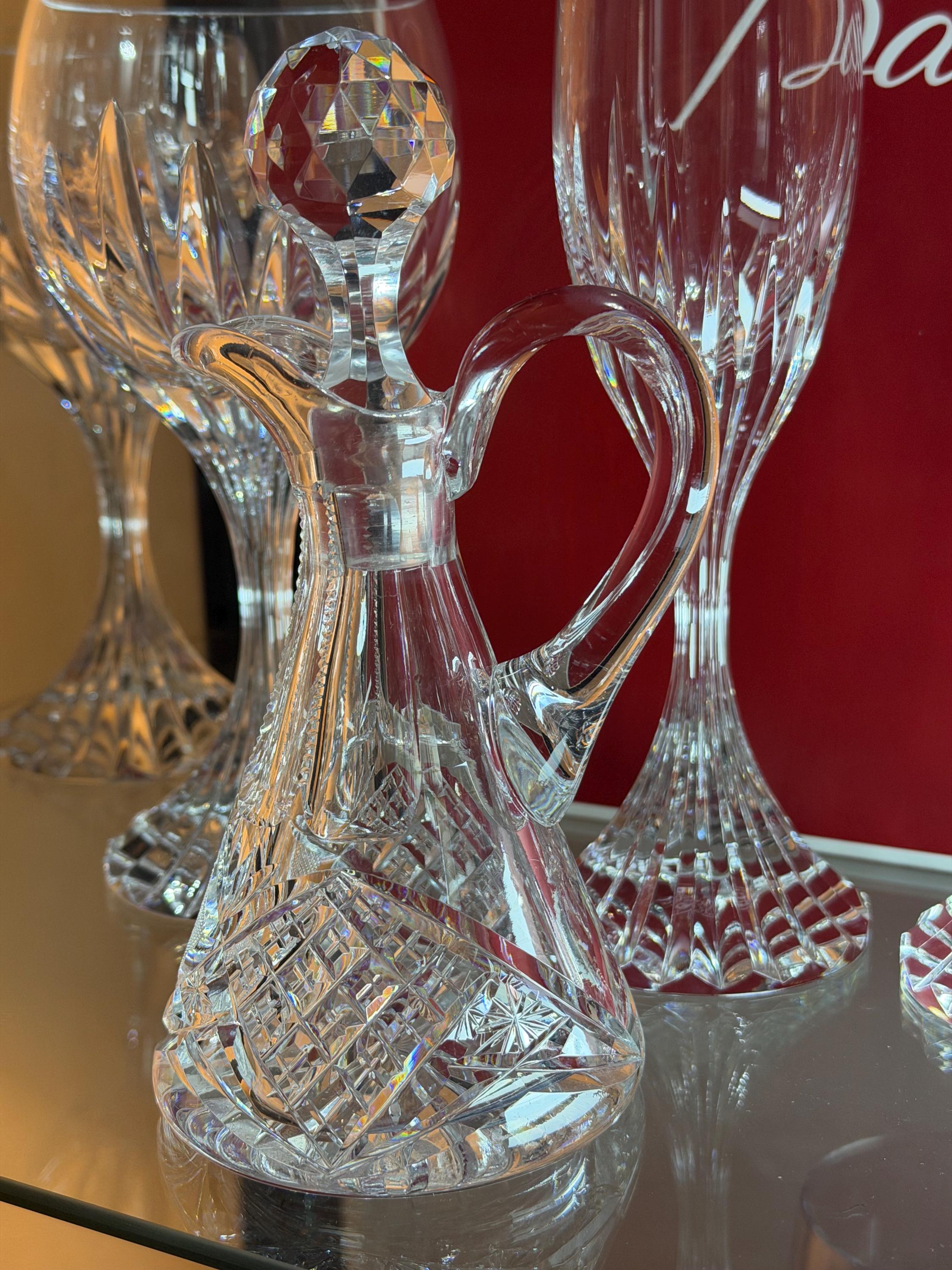 Heavy Cut Crystal Cruet Decanter w Stopper Starburst Base 7 Tall Vintage
