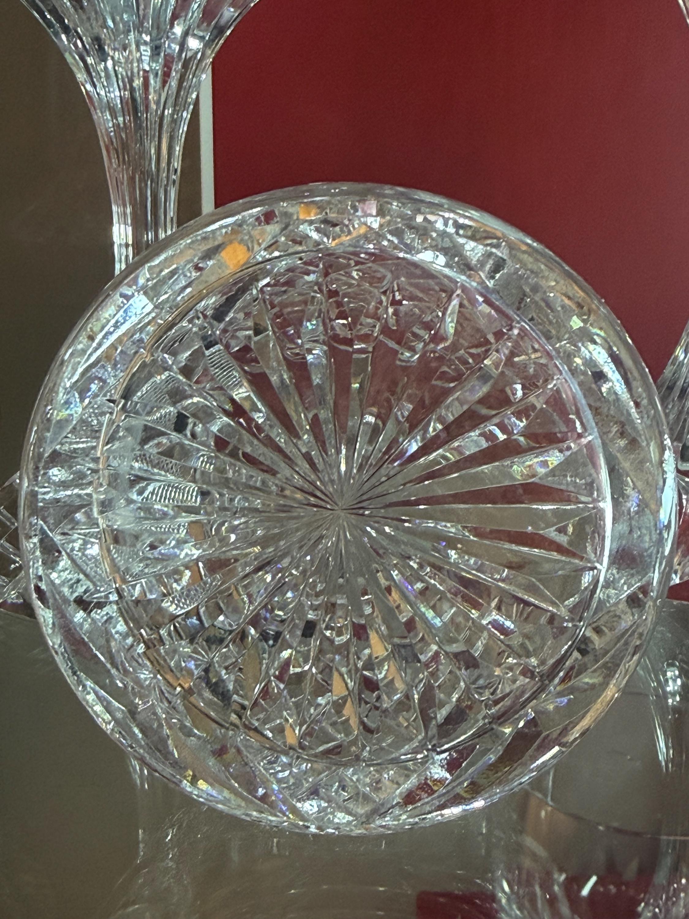 Heavy Cut Crystal Cruet Decanter w Stopper Starburst Base 7 Tall Vintage