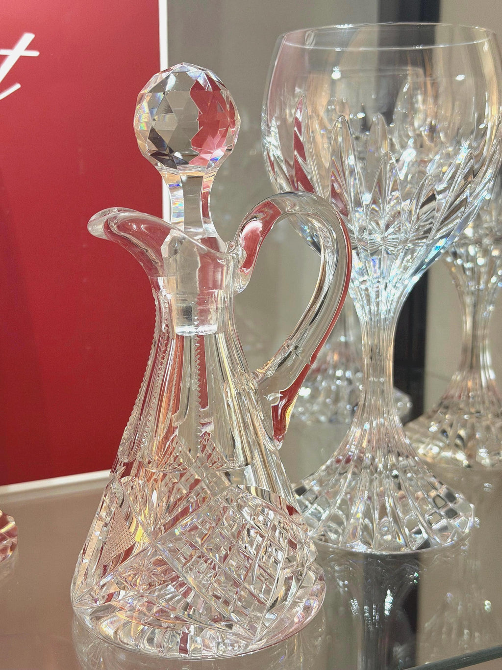 Heavy Cut Crystal Cruet Decanter w Stopper Starburst Base 7 Tall Vintage