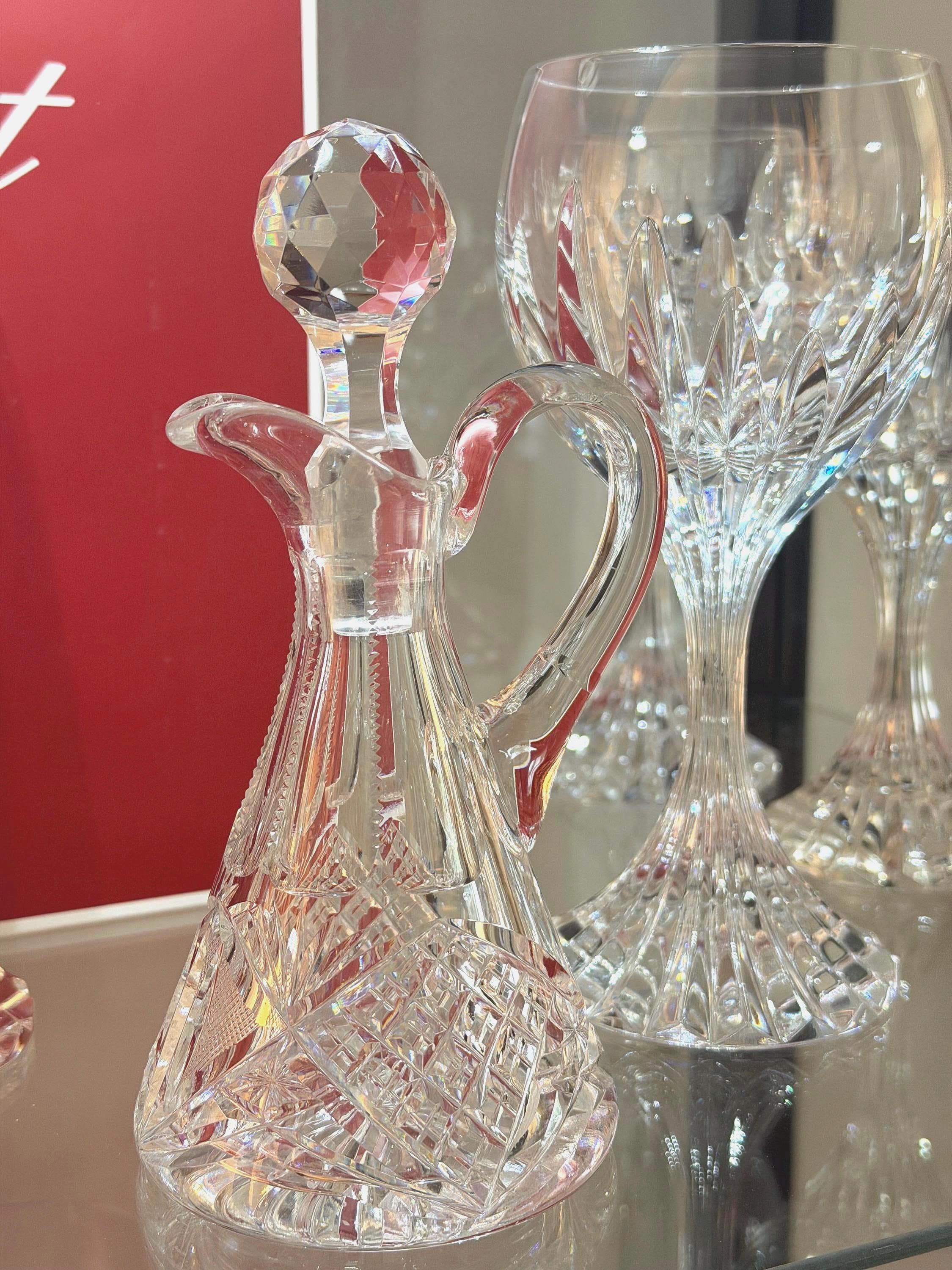 Heavy Cut Crystal Cruet Decanter w Stopper Starburst Base 7 Tall Vintage