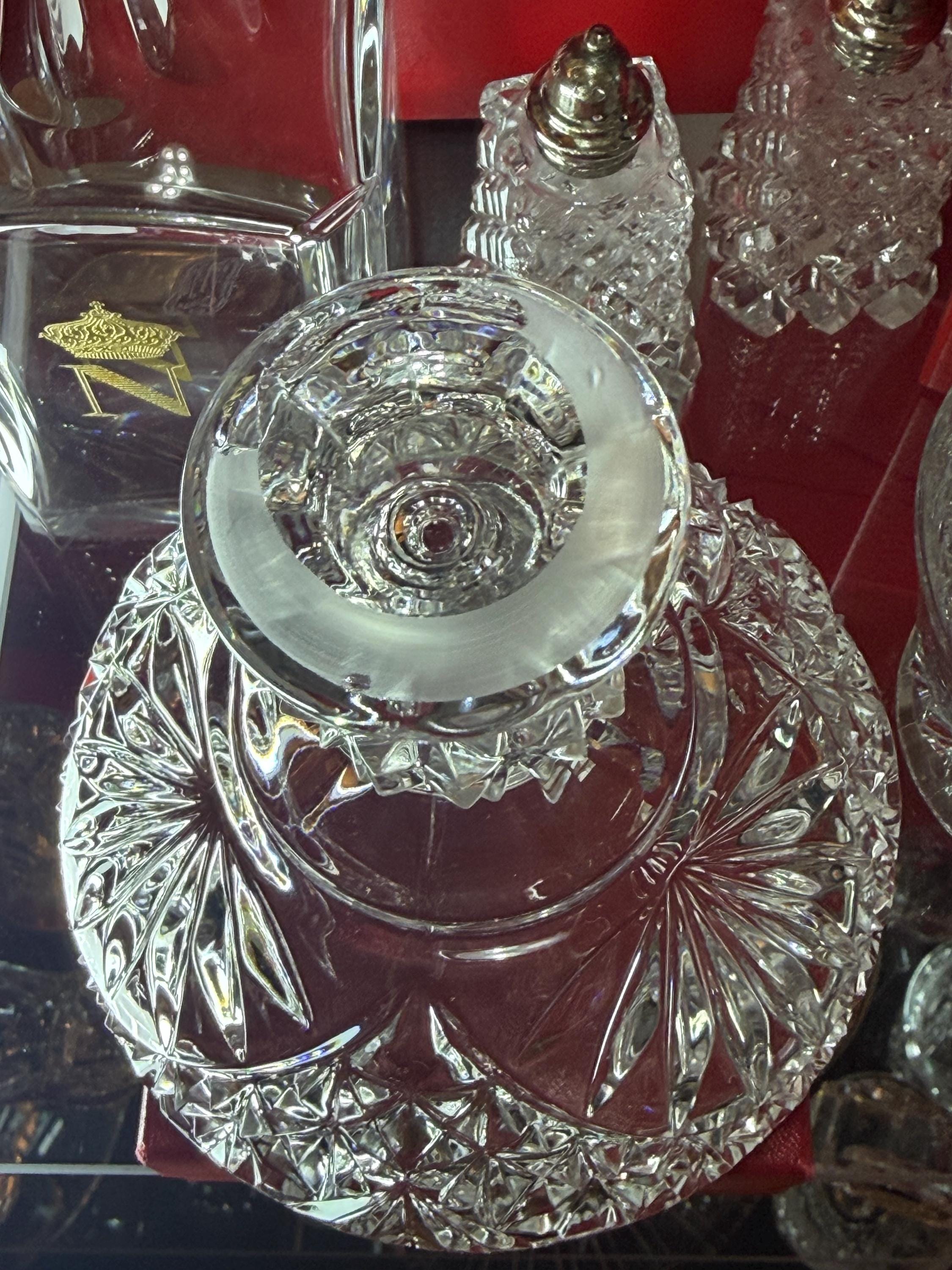 Daisy & Button Pressed Glass Pedestal Bowl | Scalloped Rim Candy Dish | Clear Glass Compote