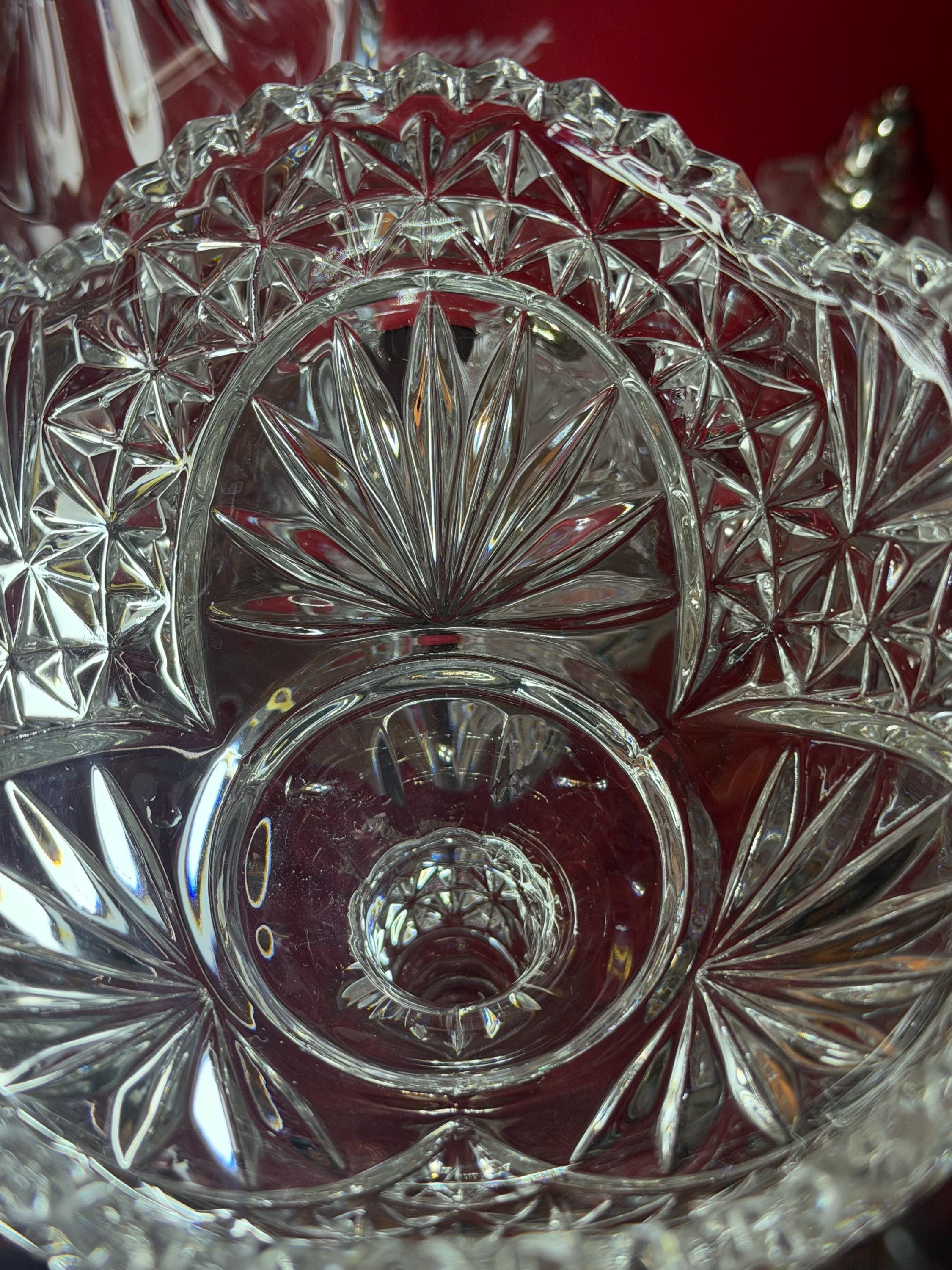 Daisy & Button Pressed Glass Pedestal Bowl | Scalloped Rim Candy Dish | Clear Glass Compote