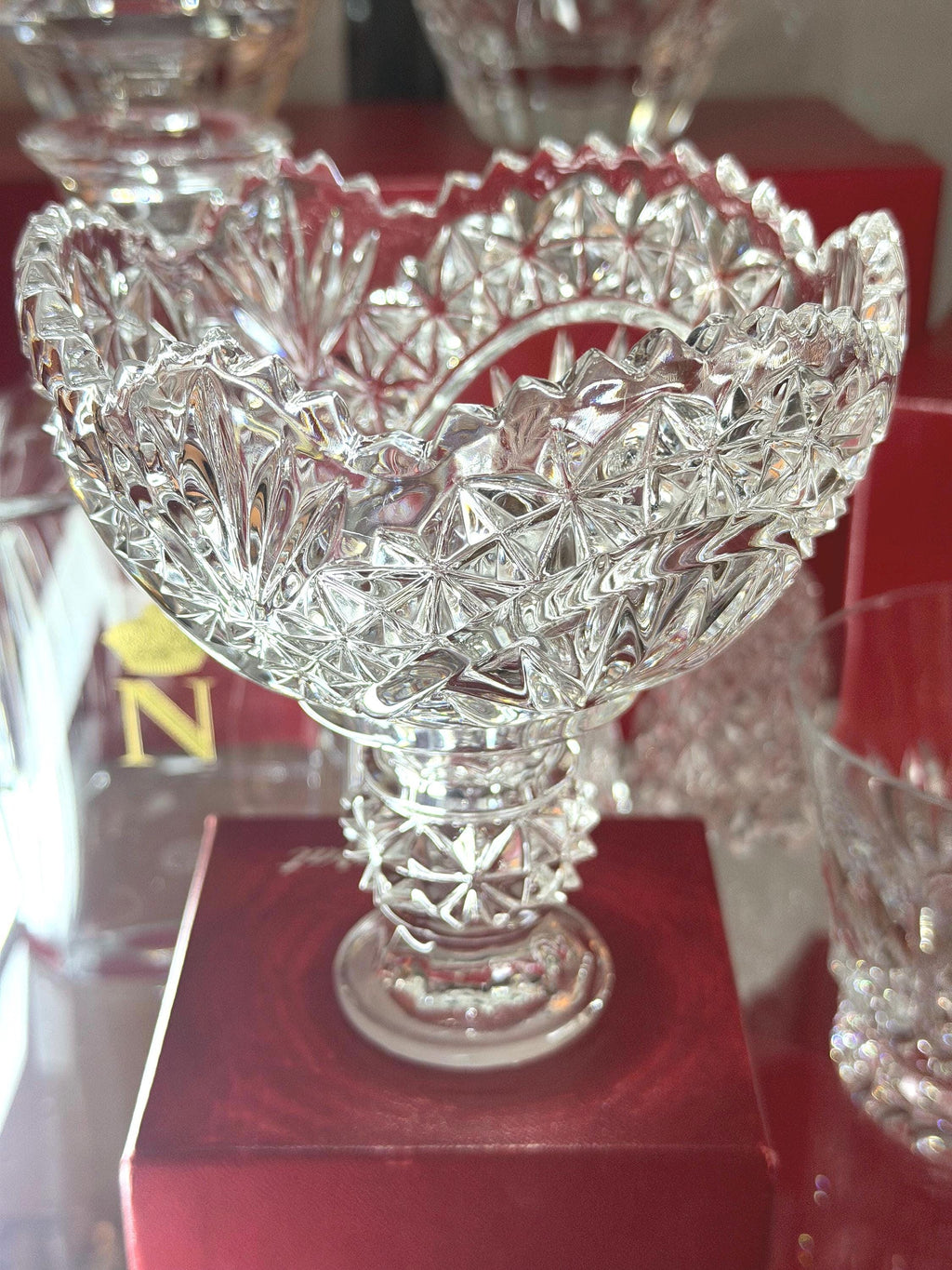 Daisy & Button Pressed Glass Pedestal Bowl | Scalloped Rim Candy Dish | Clear Glass Compote