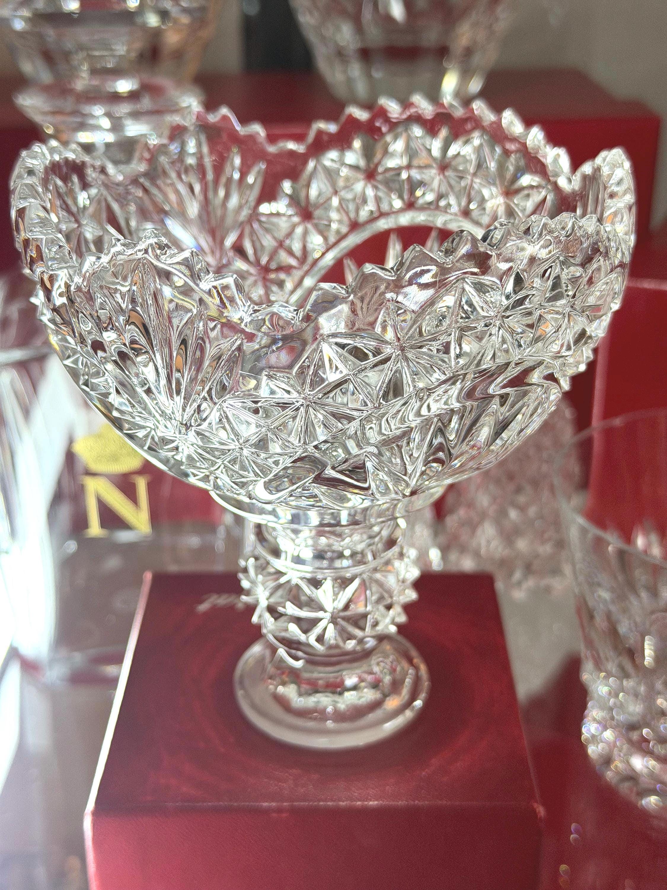 Daisy & Button Pressed Glass Pedestal Bowl | Scalloped Rim Candy Dish | Clear Glass Compote