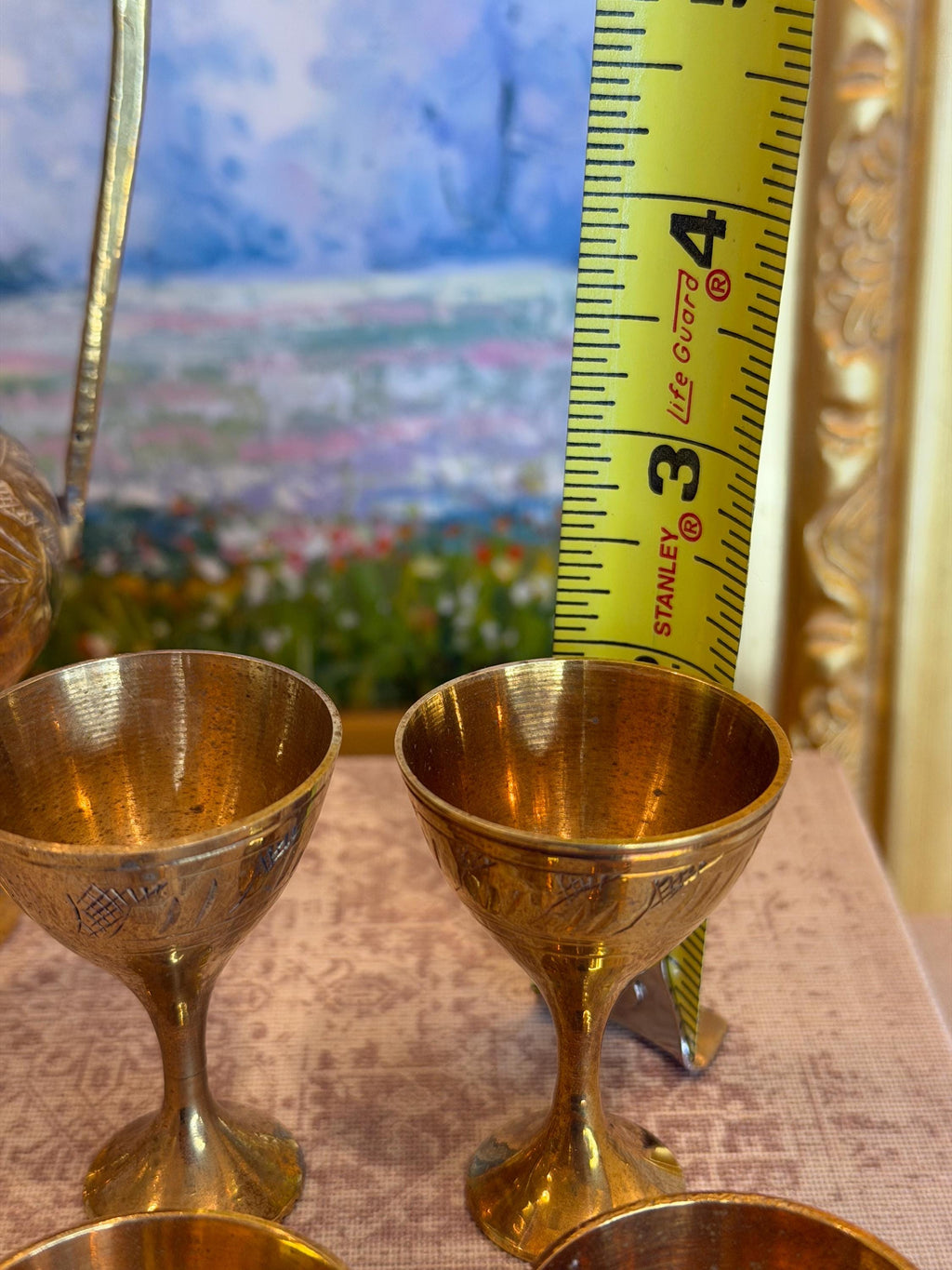 Hand-Engraved Brass Coffee Ewer Set with Six Goblets – Middle Eastern Barware