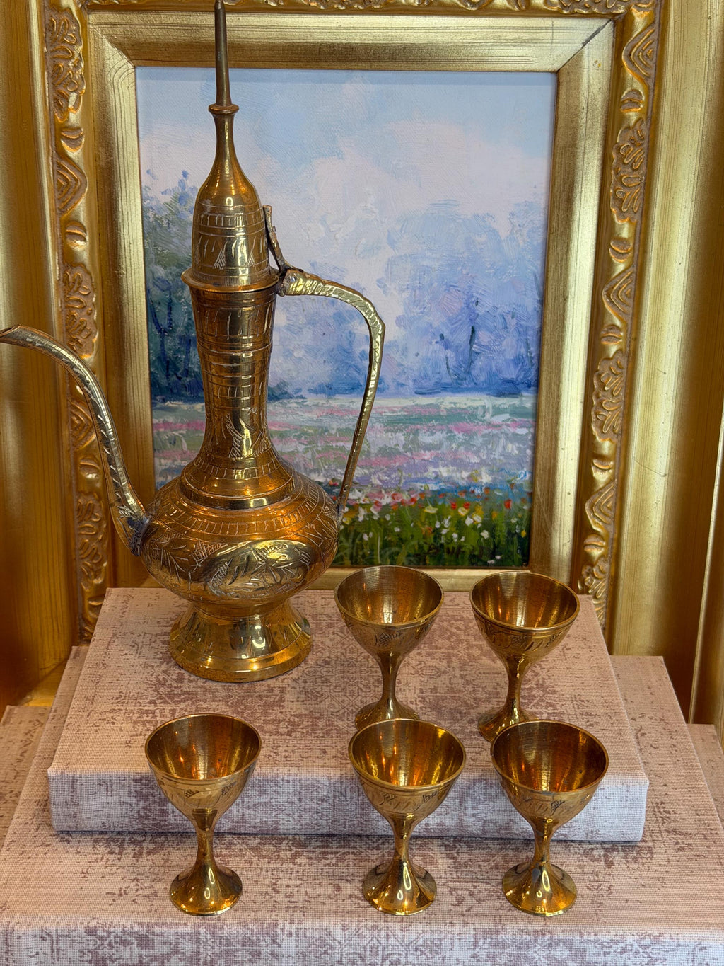 Hand-Engraved Brass Coffee Ewer Set with Six Goblets – Middle Eastern Barware