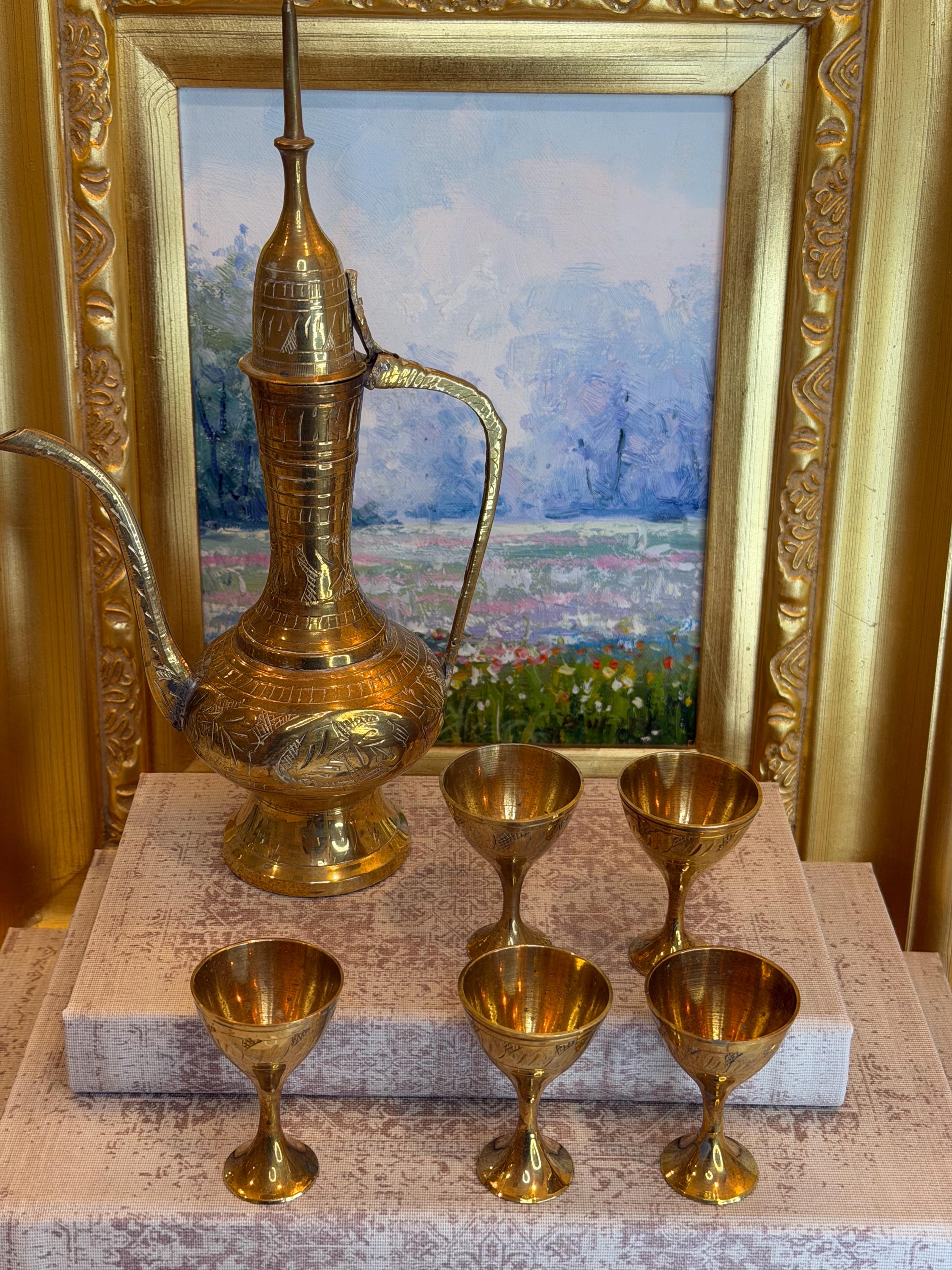 Hand-Engraved Brass Coffee Ewer Set with Six Goblets – Middle Eastern Barware