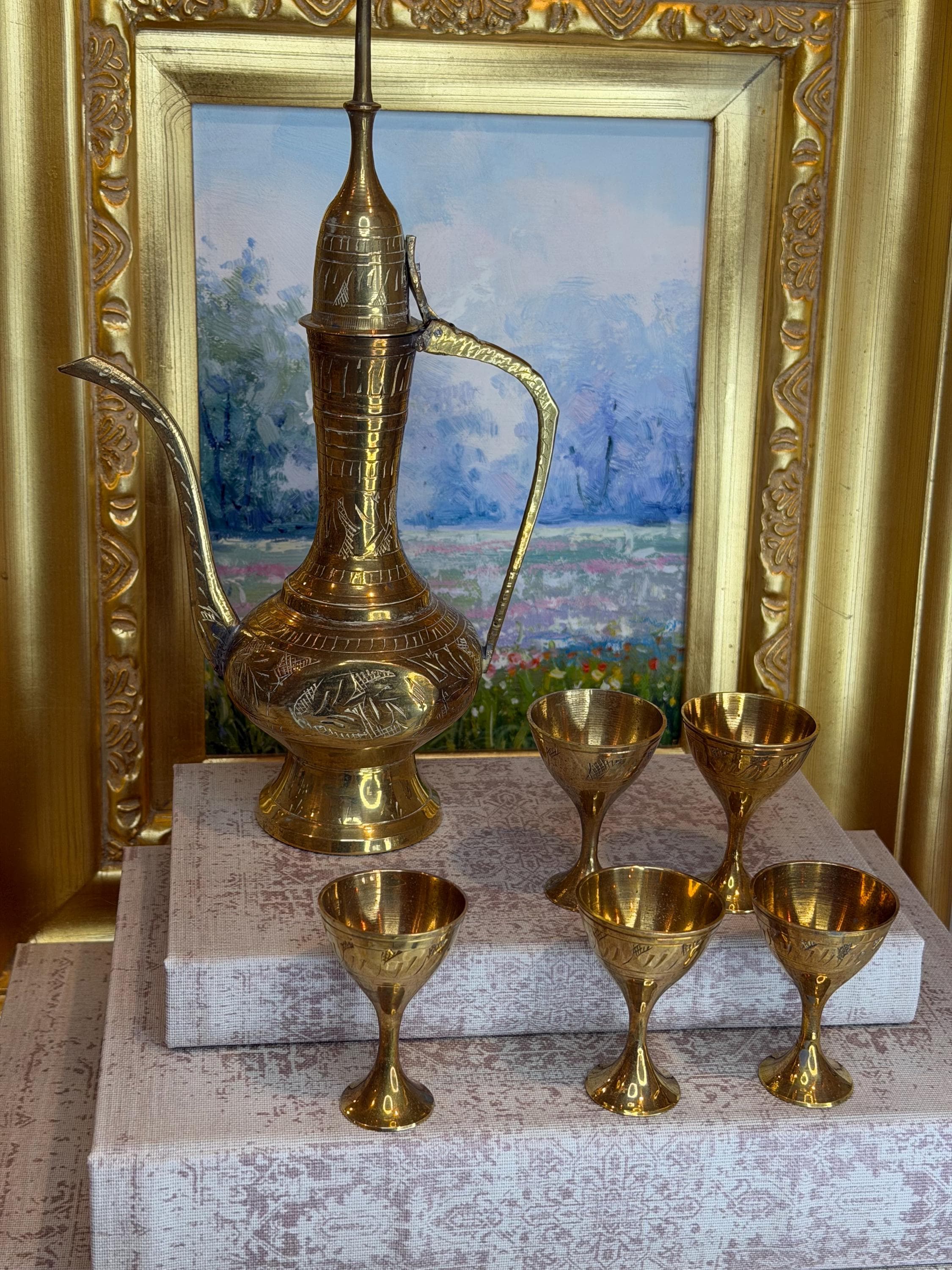 Hand-Engraved Brass Coffee Ewer Set with Six Goblets – Middle Eastern Barware