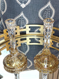 Amber Cut Crystal Candlestick Holders, Gold Rim Pair