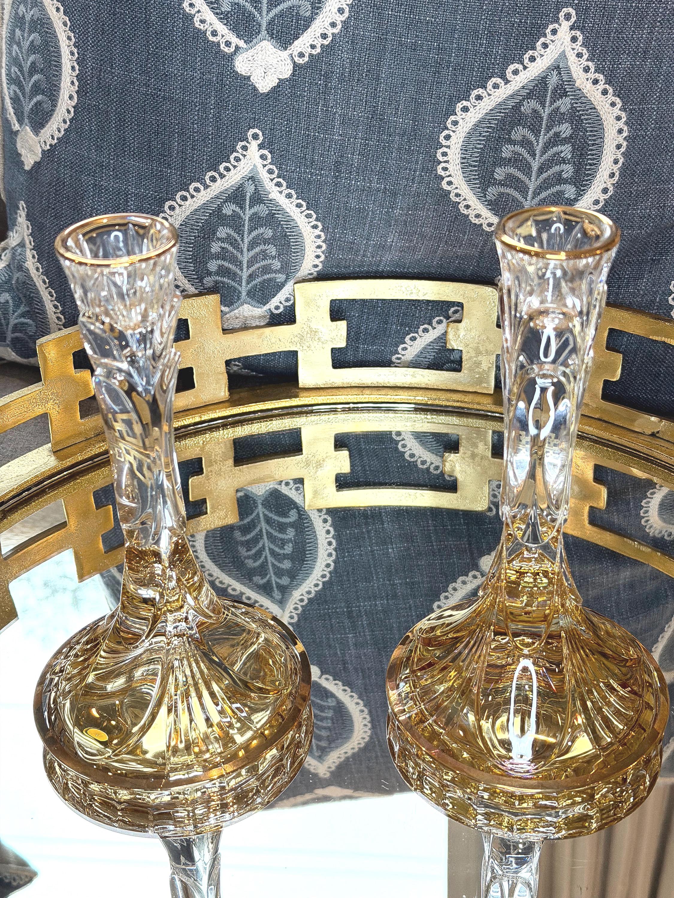 Amber Cut Crystal Candlestick Holders, Gold Rim Pair