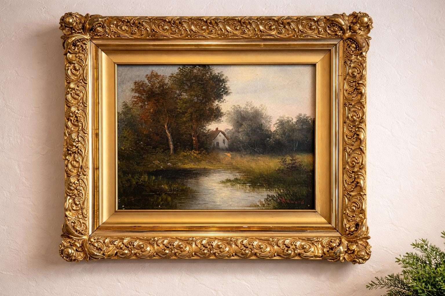 Landscape Oil Painting in Ornate Gilt Frame, c. 1890–1910 Signed European
