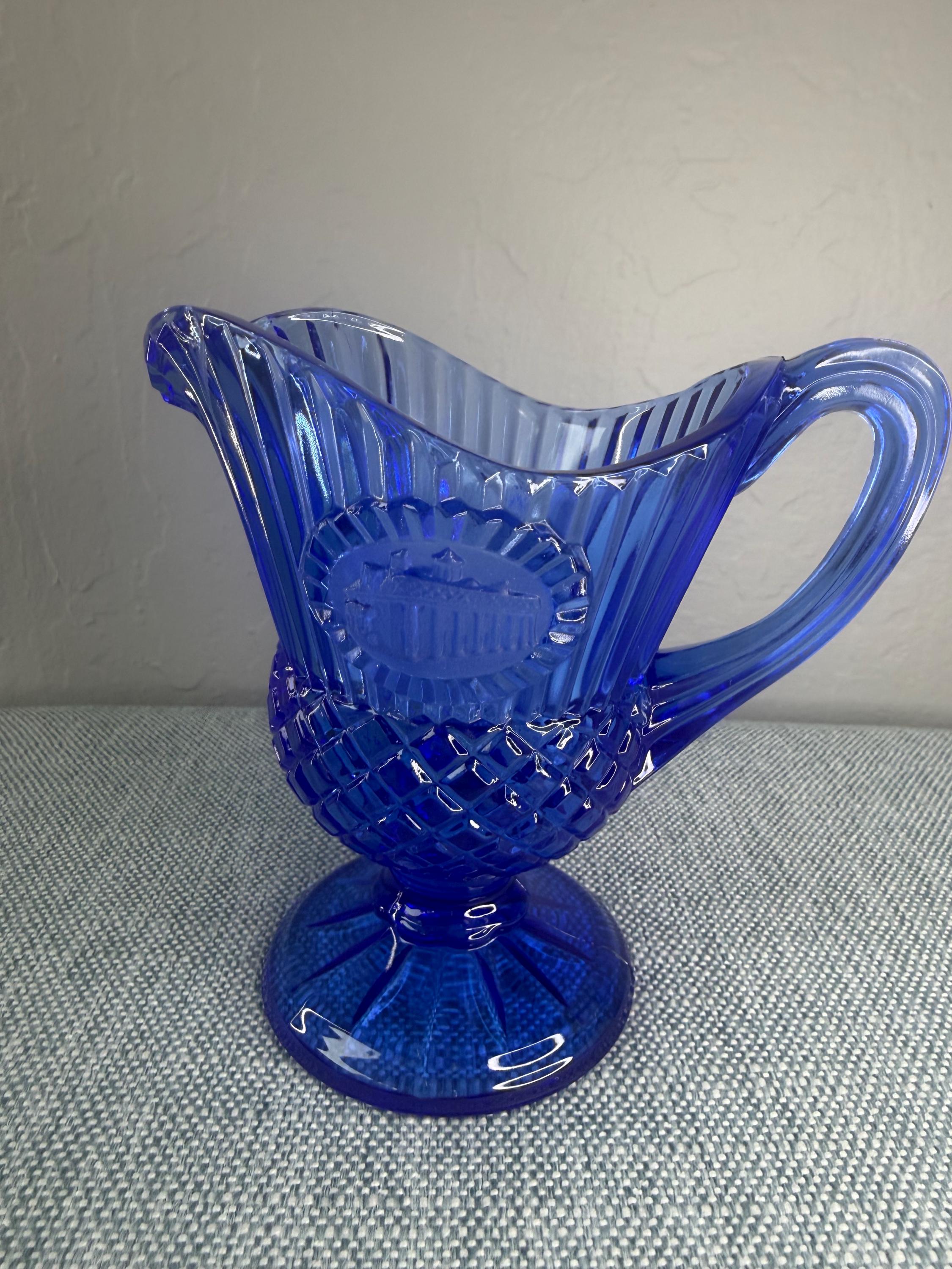 Creamer Pitcher, Footed Cottage Kitchen Decor Cobalt Blue Pressed Glass