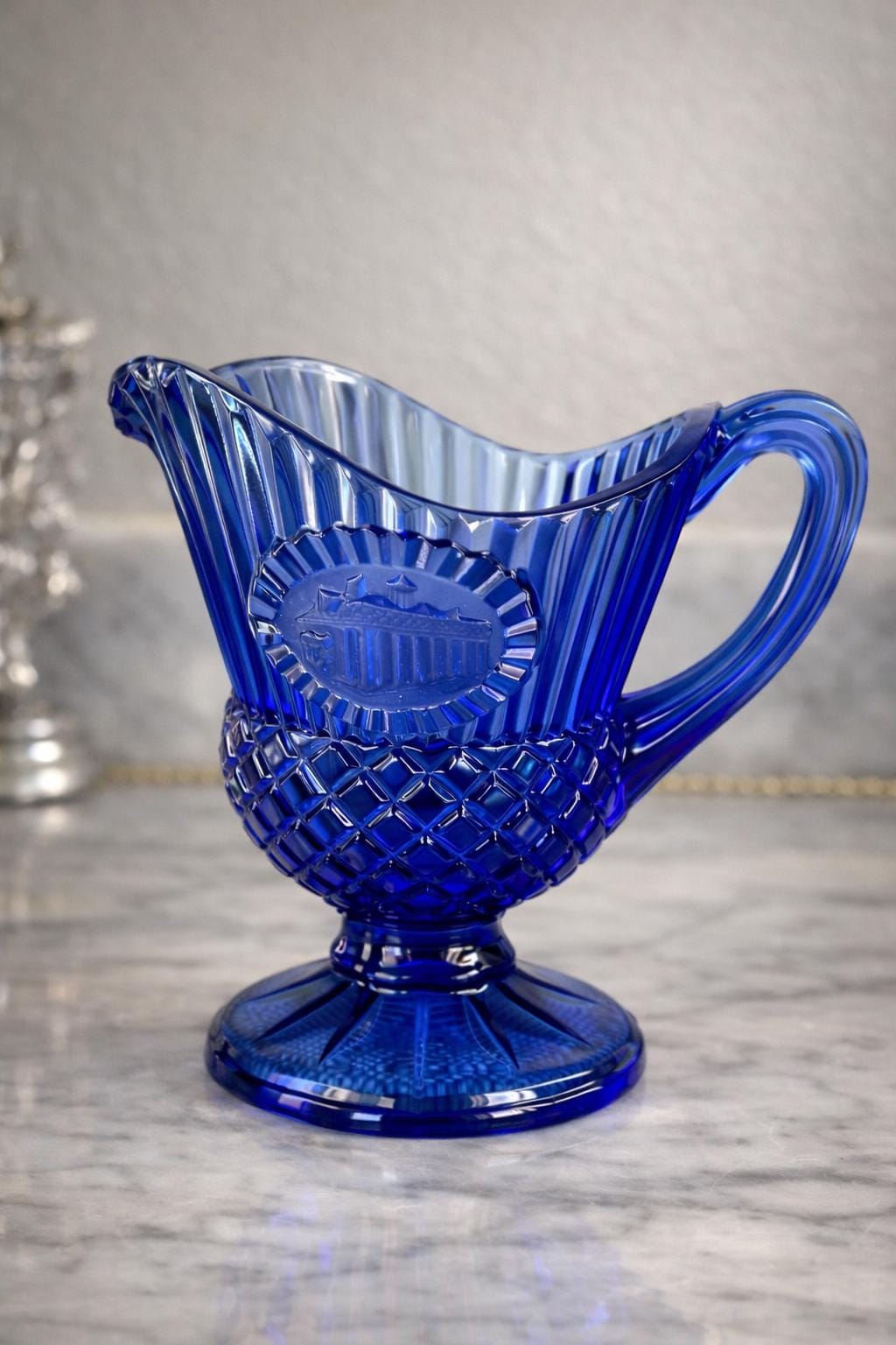 Creamer Pitcher, Footed Cottage Kitchen Decor Cobalt Blue Pressed Glass