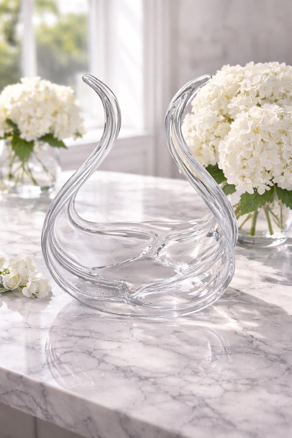 Crystal Double Swan Large Centerpiece Bowl – Elegant Art Glass Sculpture