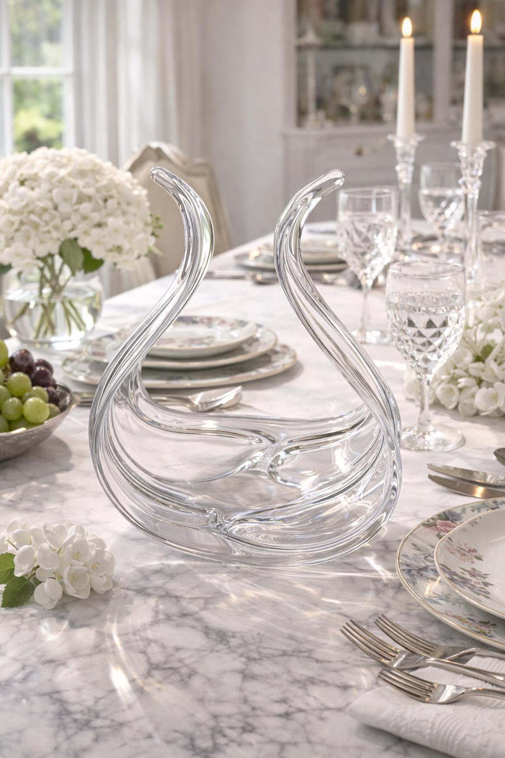 Crystal Double Swan Large Centerpiece Bowl – Elegant Art Glass Sculpture