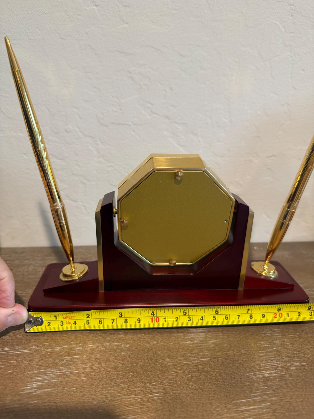 Bulova Quartz Desk Mantel Clock Brass Wood Base Octagonal Roman Numerals Works