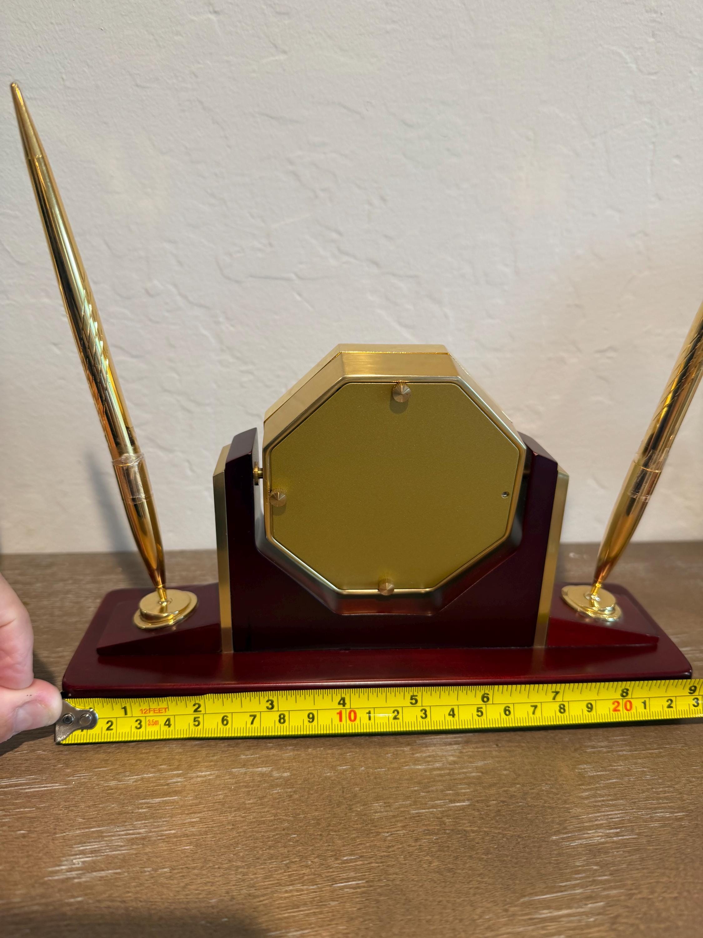 Bulova Quartz Desk Mantel Clock Brass Wood Base Octagonal Roman Numerals Works