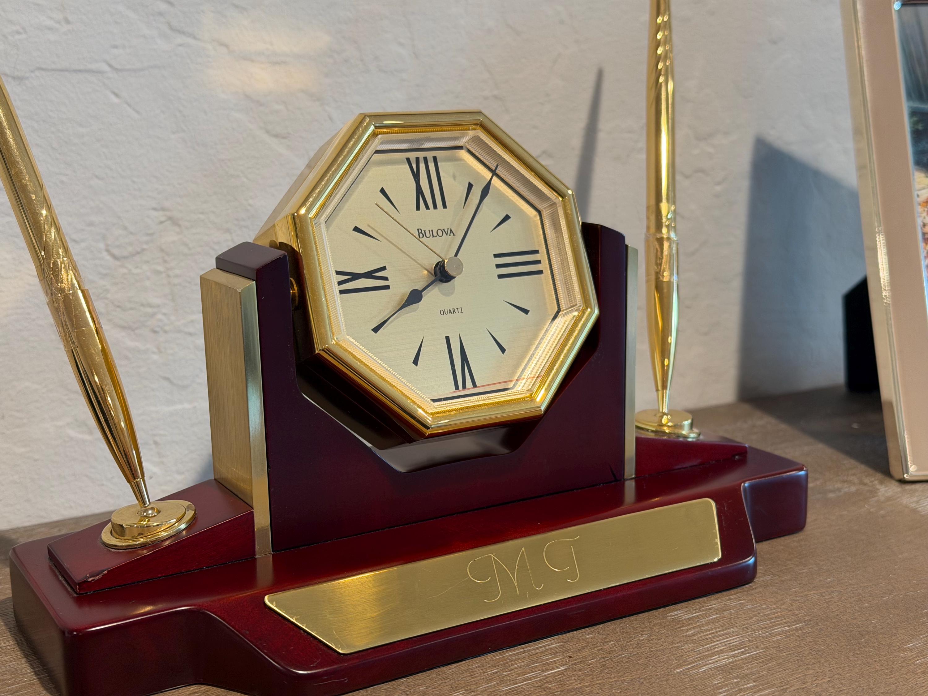 Bulova Quartz Desk Mantel Clock Brass Wood Base Octagonal Roman Numerals Works