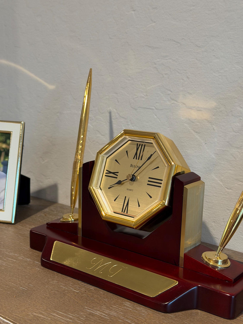 Bulova Quartz Desk Mantel Clock Brass Wood Base Octagonal Roman Numerals Works