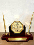 Bulova Quartz Desk Mantel Clock Brass Wood Base Octagonal Roman Numerals Works