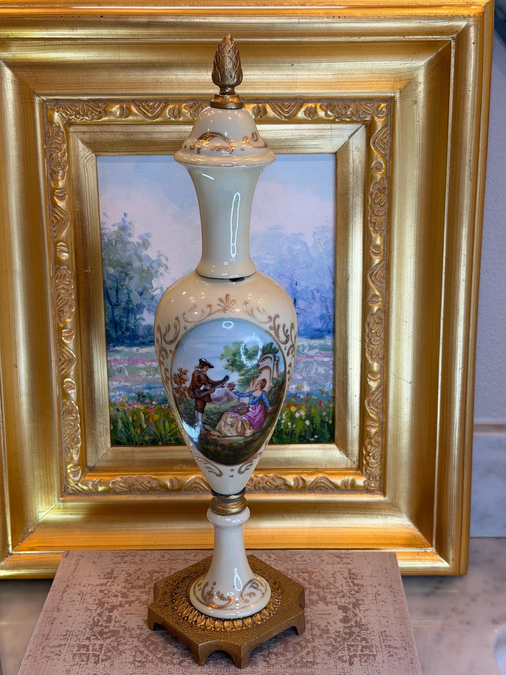 Porcelain Urn: Romantic Courting Scene, French Rococo Style, Ormolu Base