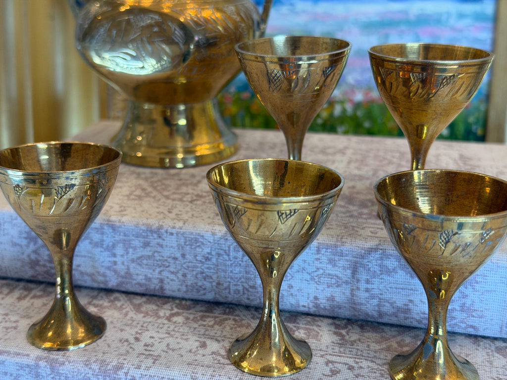 Hand-Engraved Brass Coffee Ewer Set with Six Goblets – Middle Eastern Barware