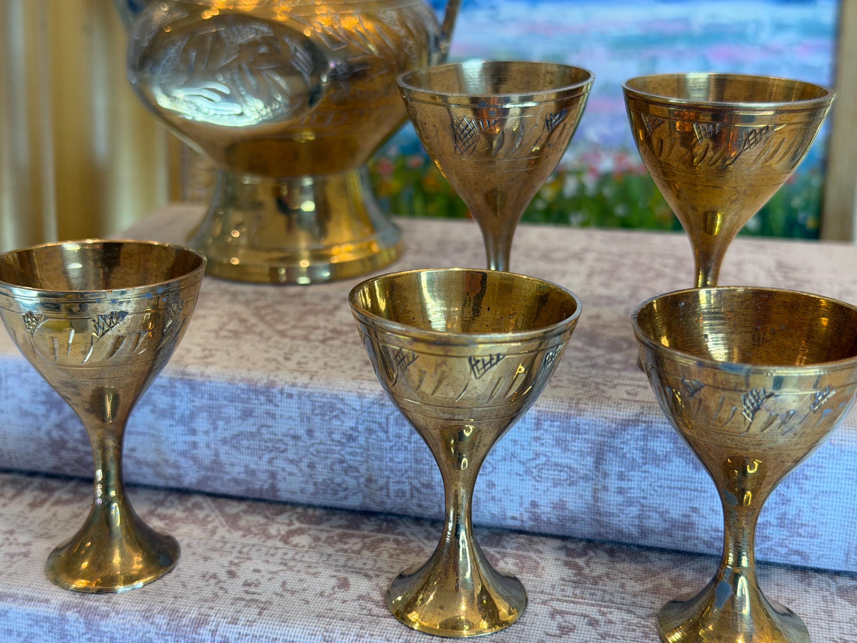 Hand-Engraved Brass Coffee Ewer Set with Six Goblets – Middle Eastern Barware