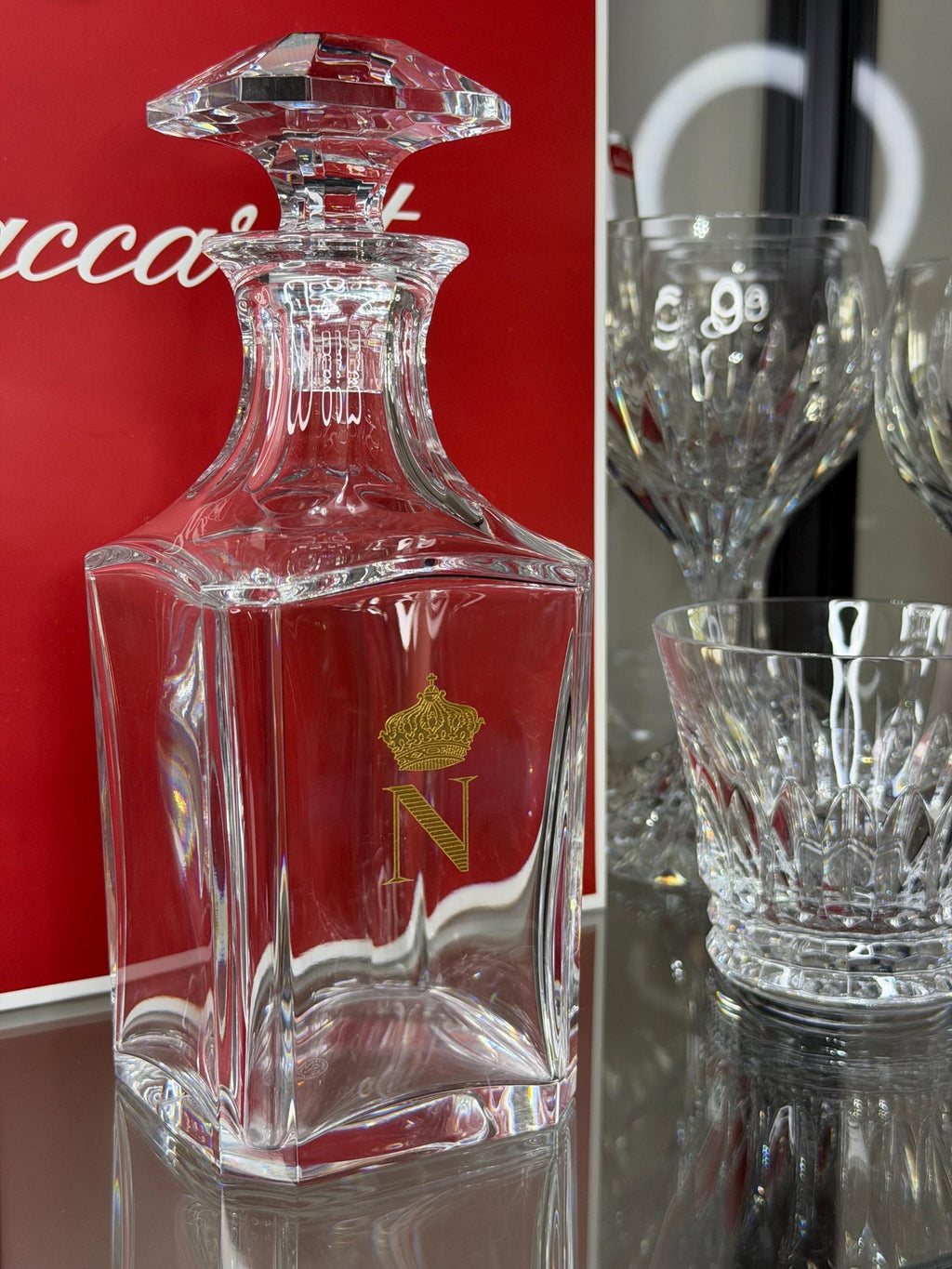 Baccarat Crystal Decanter w/ Monogram & Crown + Baccarat Box + Brandy with Box