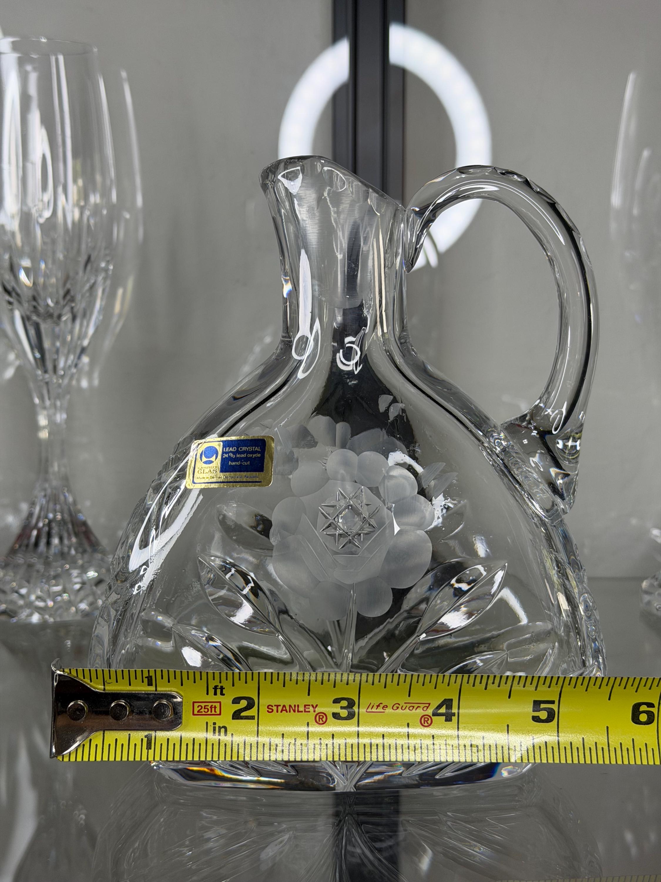 Hand-Cut Crystal Pitcher – Floral Etched Bohemian Glass Vase Czech Republic