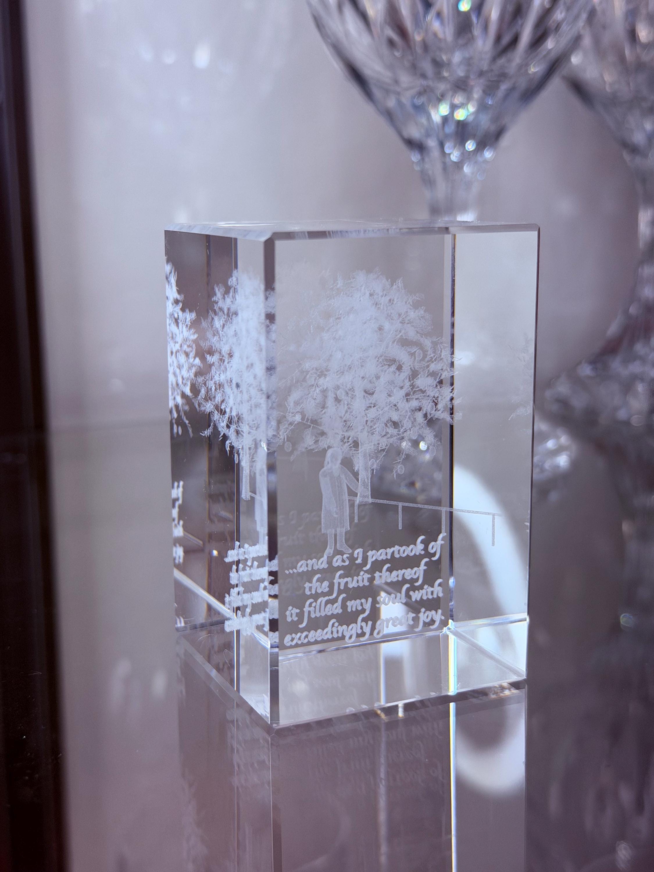 3D Laser Etched Crystal Block | Tree Scene, Uplifting Quote, Spiritual Decor