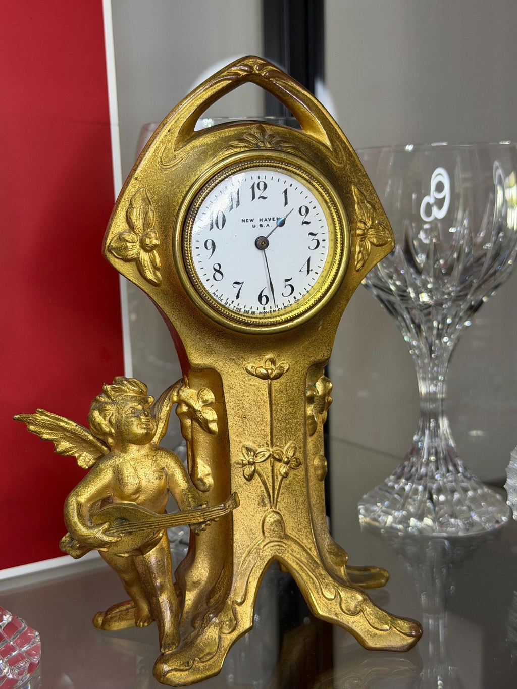 New Haven Art Nouveau Cherub Clock – Gilt Finish – Rare Decorative Model