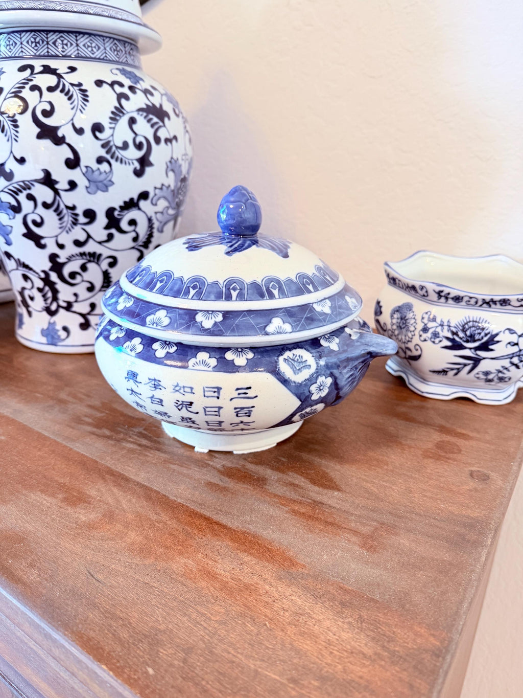 Blue White Porcelain Lidded Bowl | Chinese Landscape Calligraphy Motif Gaiwan