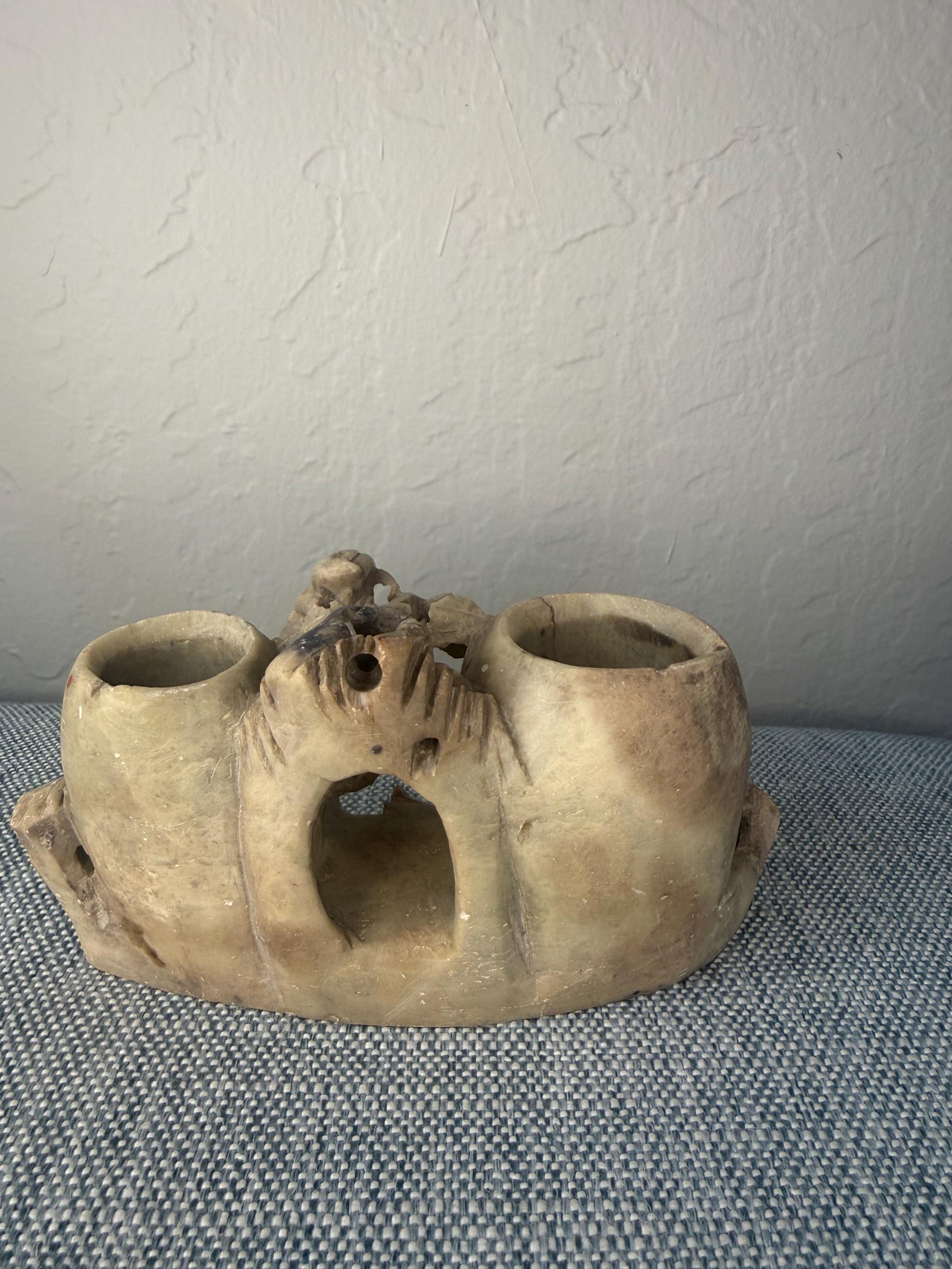 Soapstone Brush Holder, Carved Grape Motif Scholar Desk Object