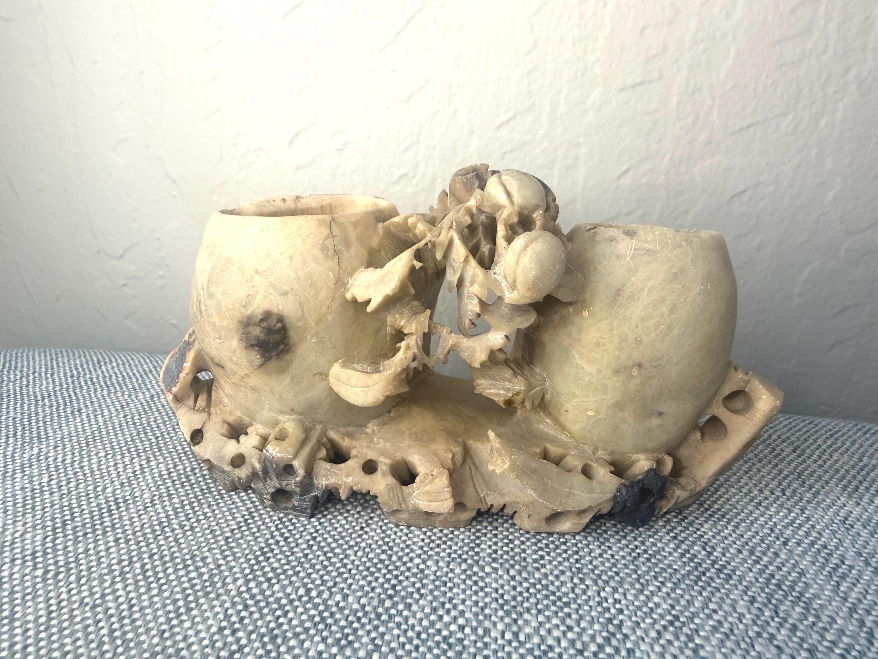 Soapstone Brush Holder, Carved Grape Motif Scholar Desk Object