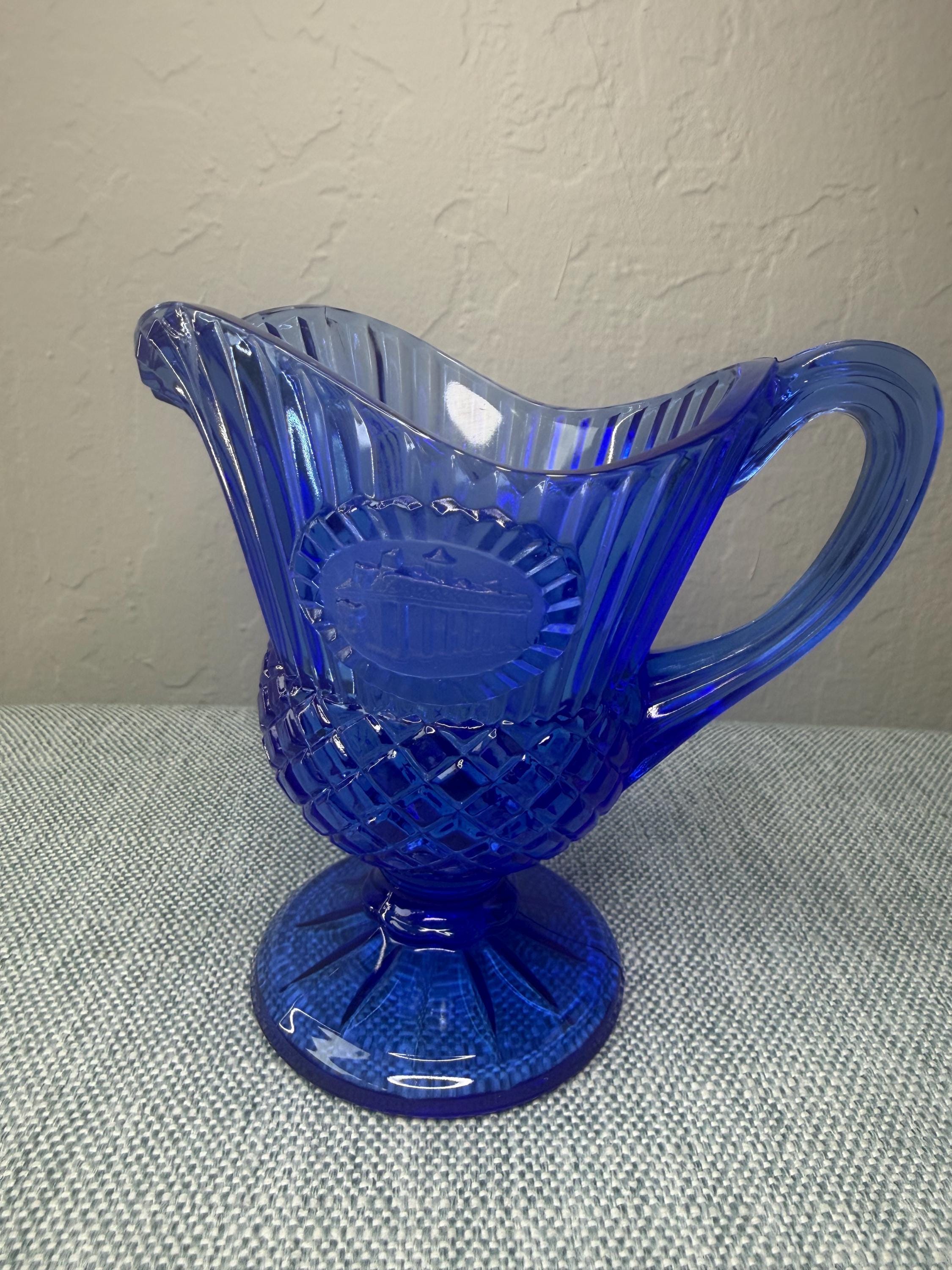 Creamer Pitcher, Footed Cottage Kitchen Decor Cobalt Blue Pressed Glass