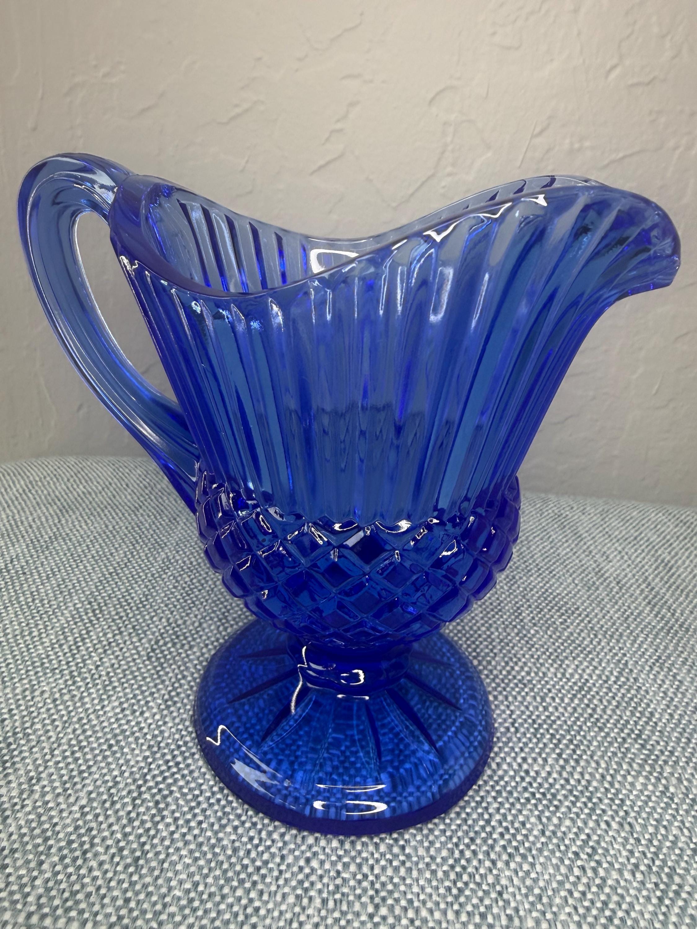 Creamer Pitcher, Footed Cottage Kitchen Decor Cobalt Blue Pressed Glass