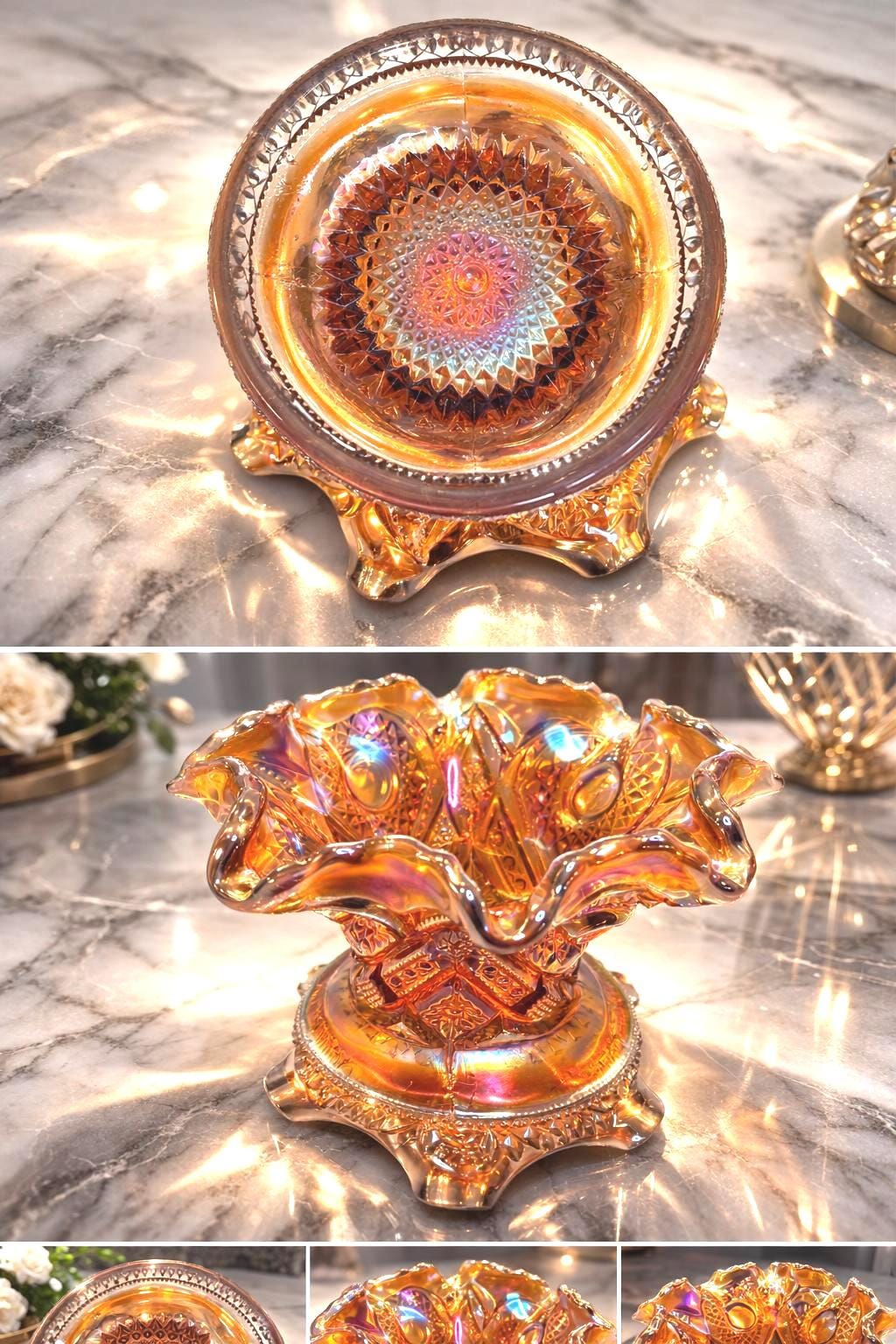 Imperial Marigold Carnival Glass Punch Bowl Base – Iridescent Ruffled Pedestal Centerpiece