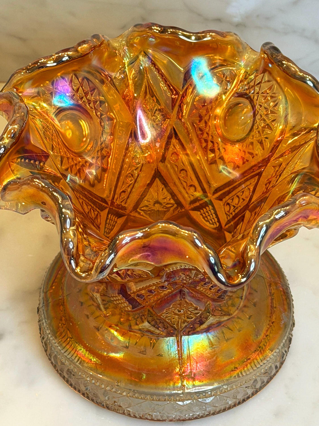 Imperial Marigold Carnival Glass Punch Bowl Base – Iridescent Ruffled Pedestal Centerpiece
