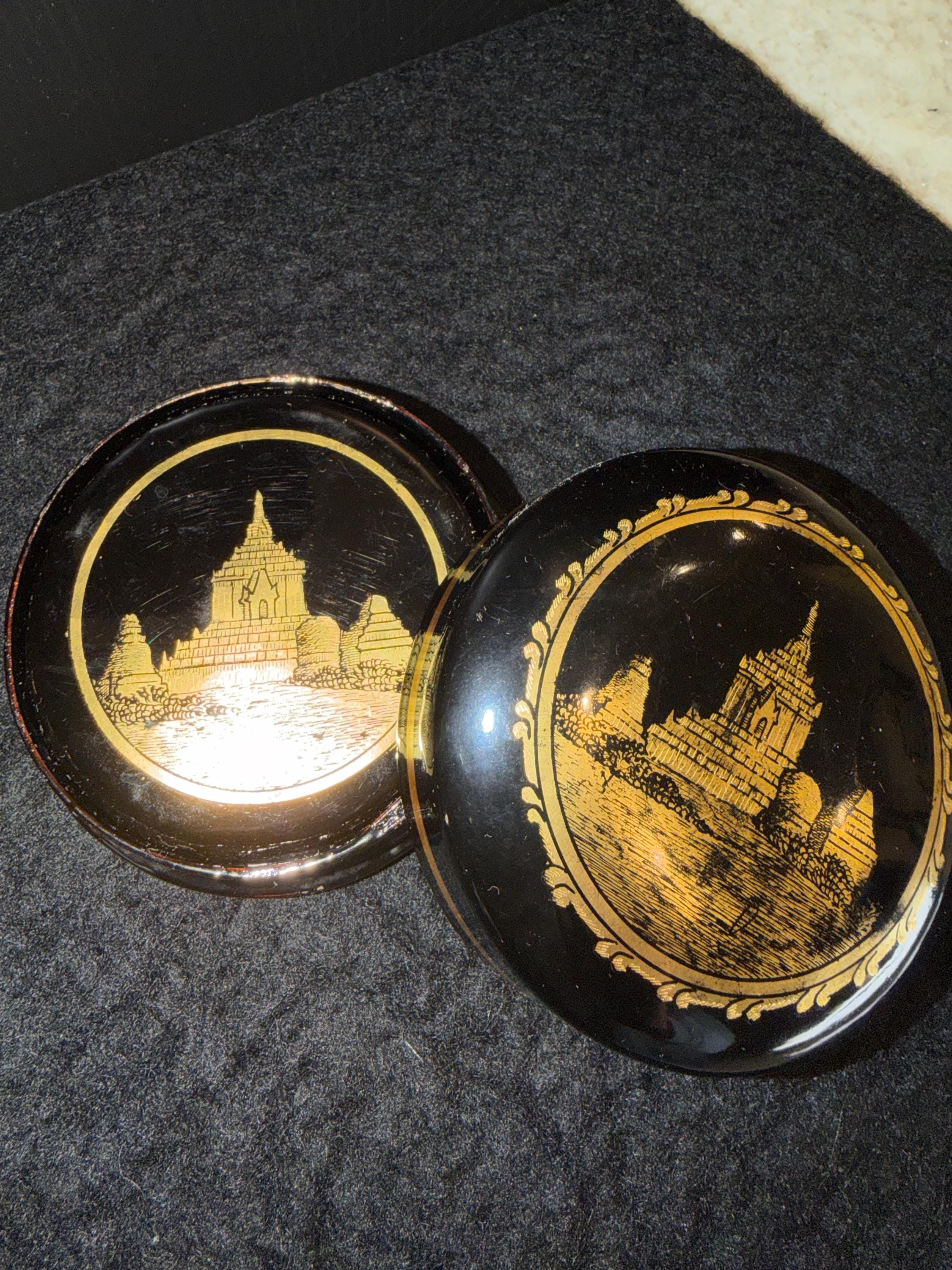 Black Lacquer Coasters – Gold Asian Temple Design Set
