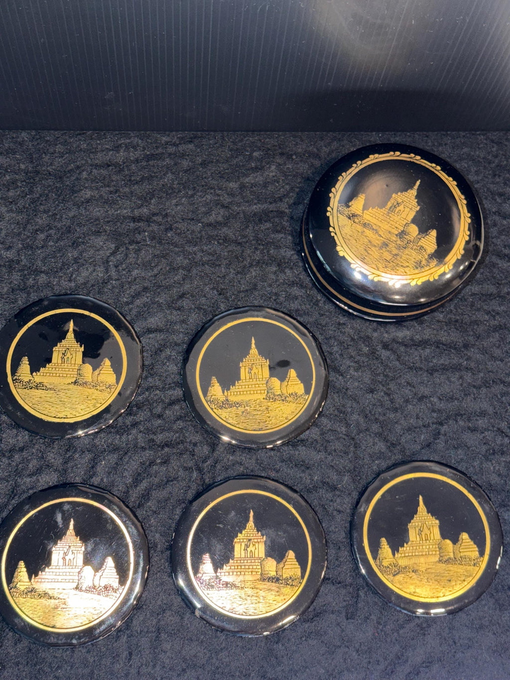 Black Lacquer Coasters – Gold Asian Temple Design Set