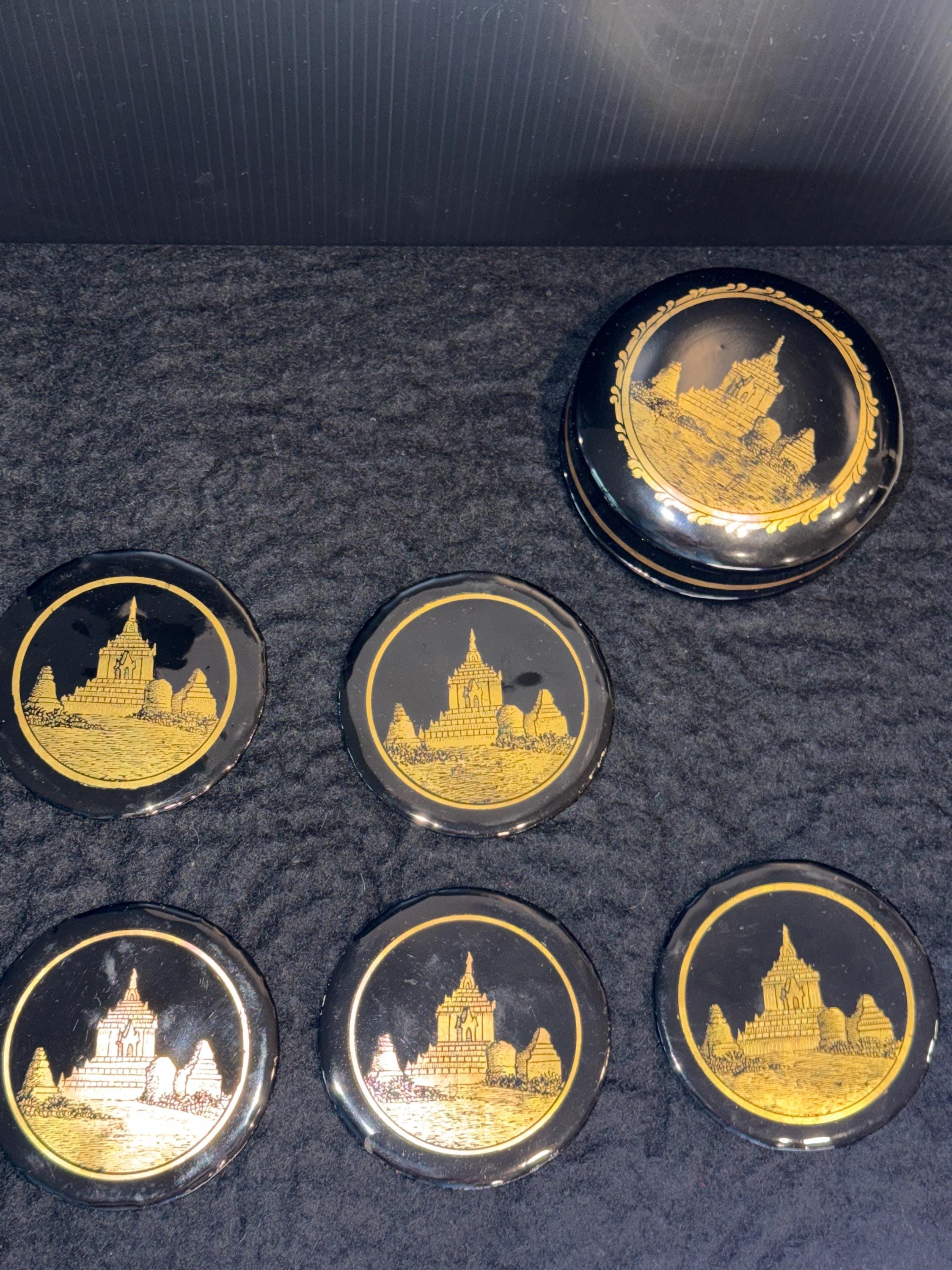 Black Lacquer Coasters – Gold Asian Temple Design Set