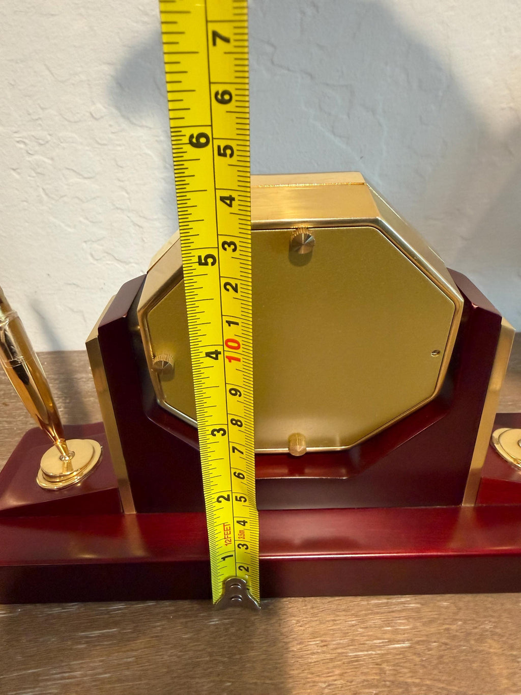 Bulova Quartz Desk Mantel Clock Brass Wood Base Octagonal Roman Numerals Works