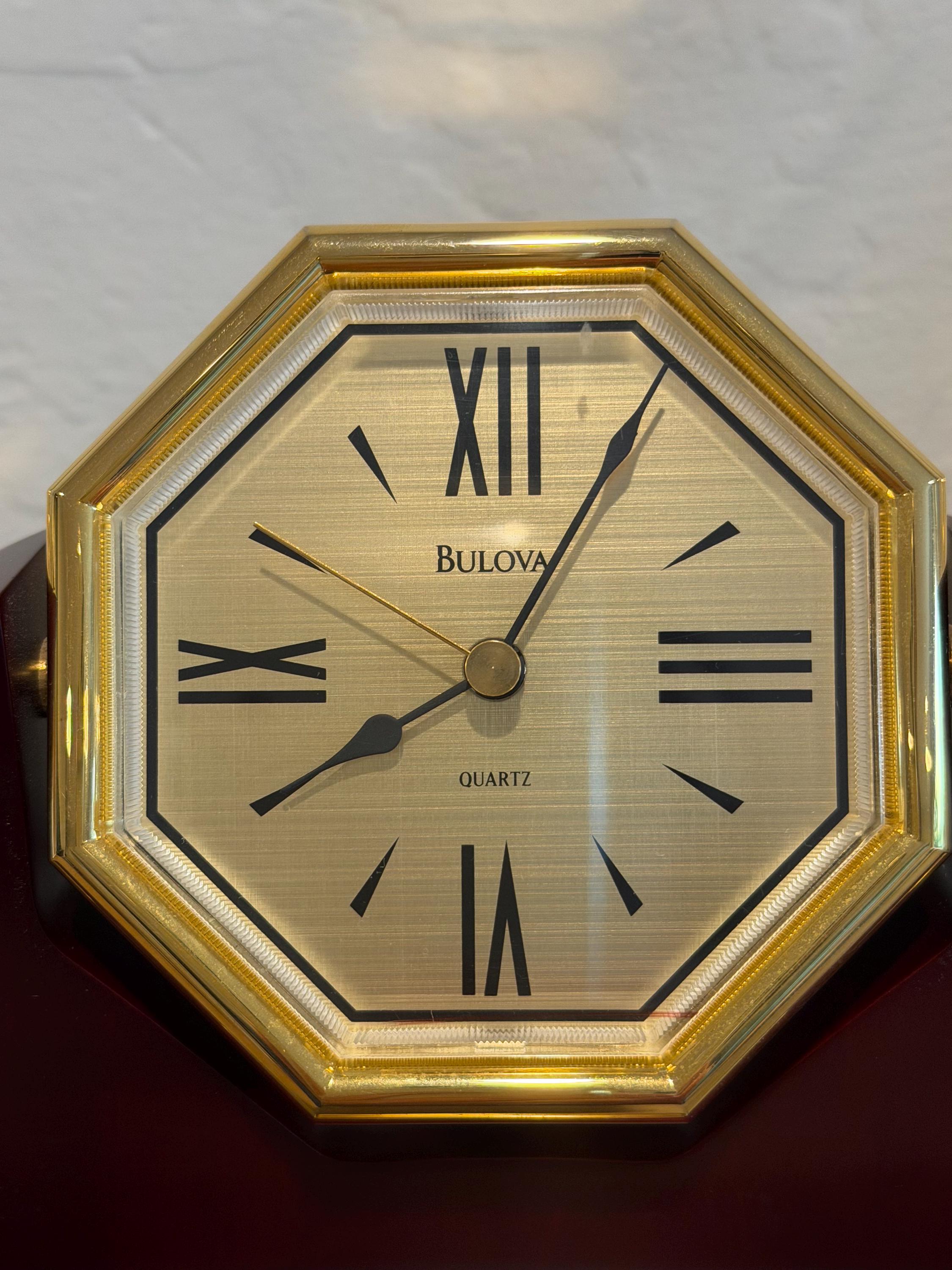 Bulova Quartz Desk Mantel Clock Brass Wood Base Octagonal Roman Numerals Works
