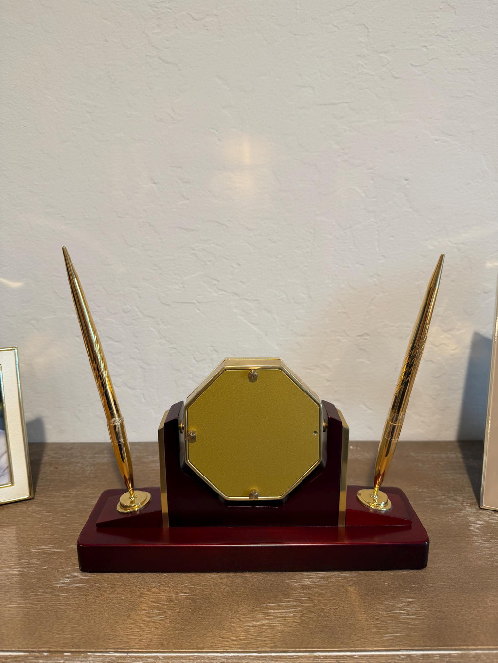 Bulova Quartz Desk Mantel Clock Brass Wood Base Octagonal Roman Numerals Works