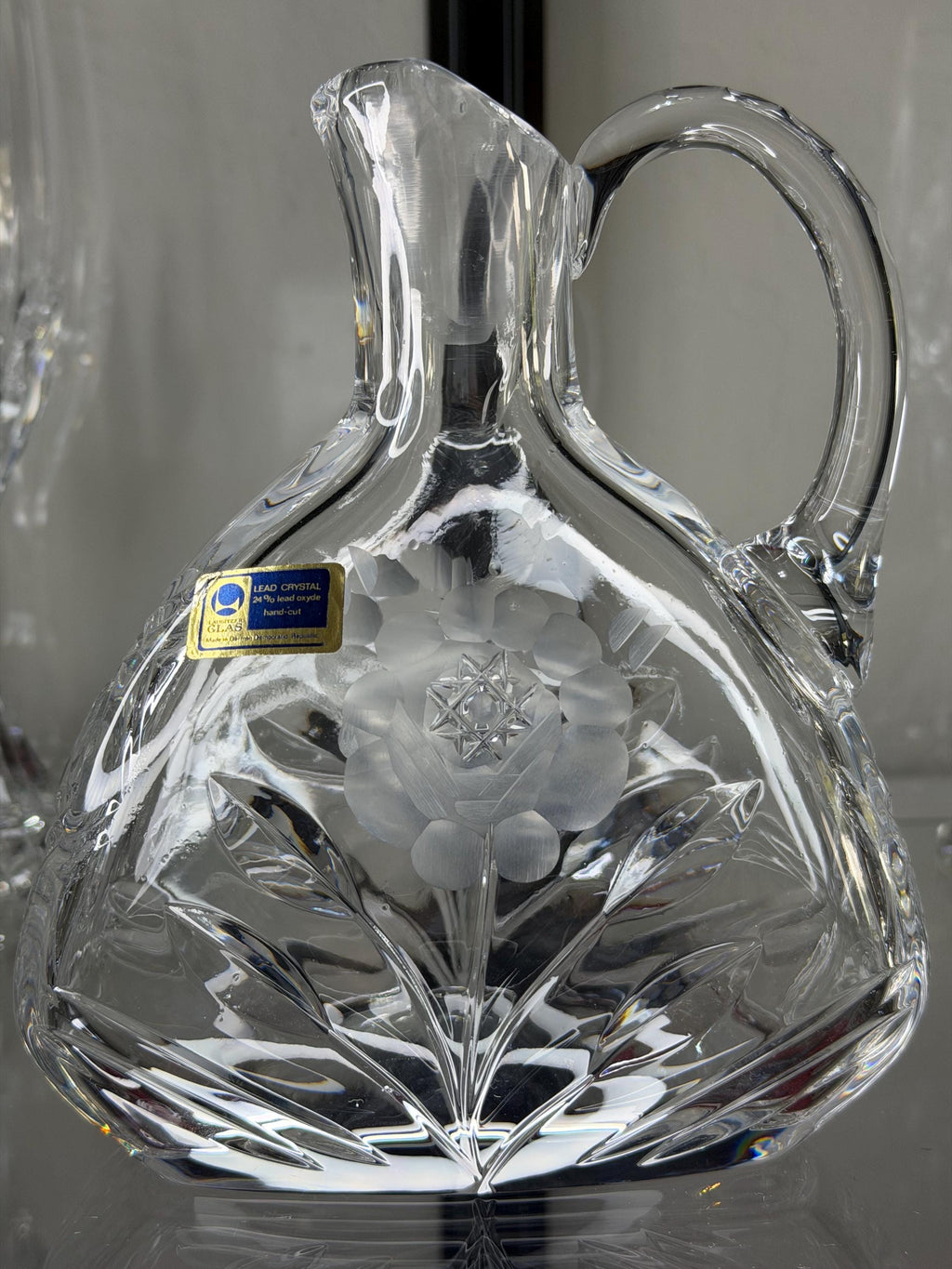 Hand-Cut Crystal Pitcher – Floral Etched Bohemian Glass Vase Czech Republic