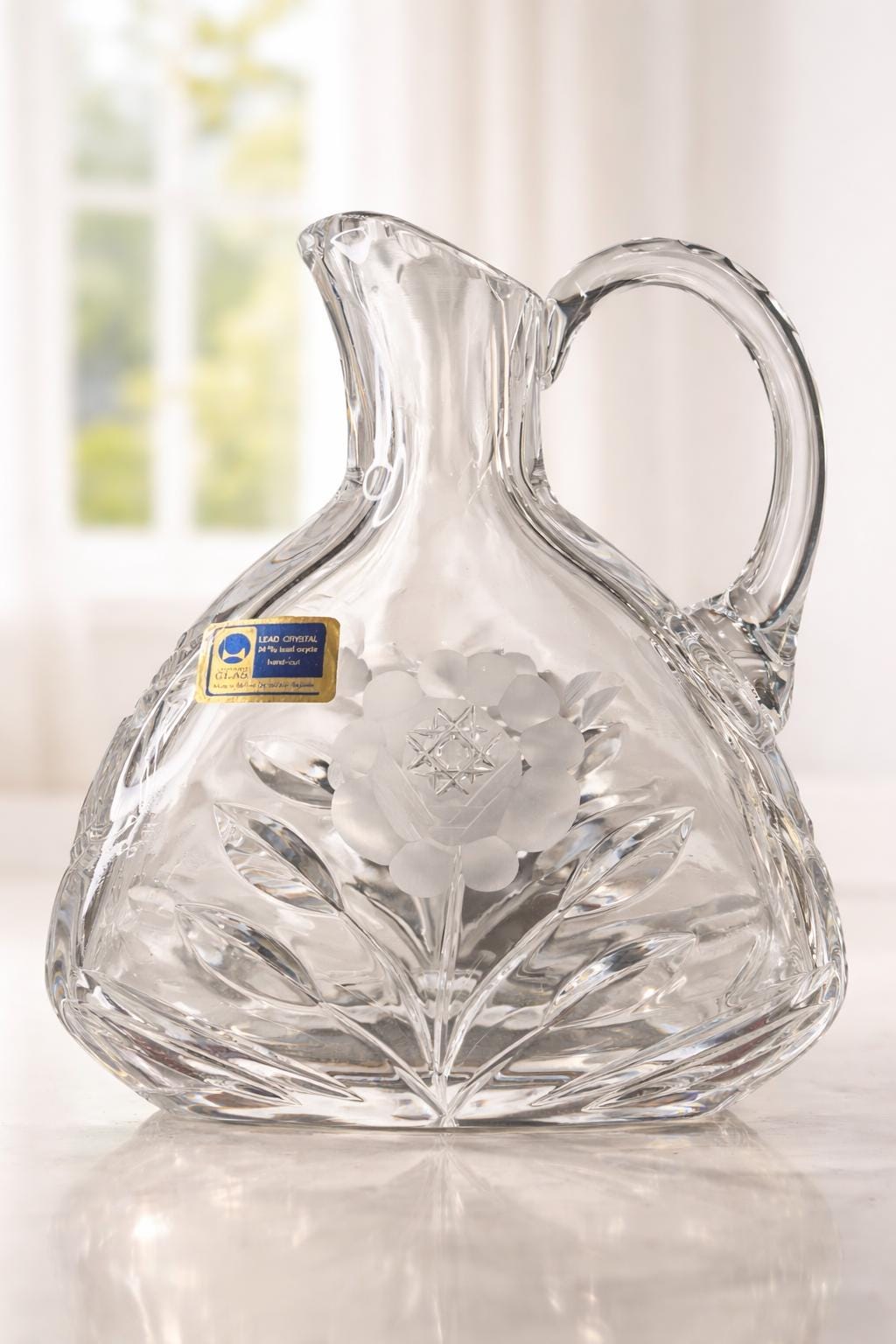 Hand-Cut Crystal Pitcher – Floral Etched Bohemian Glass Vase Czech Republic
