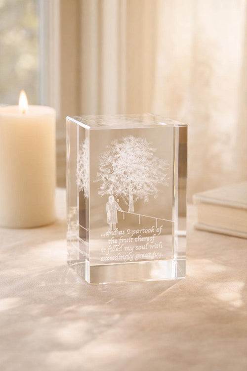 3D Laser Etched Crystal Block | Tree Scene, Uplifting Quote, Spiritual Decor