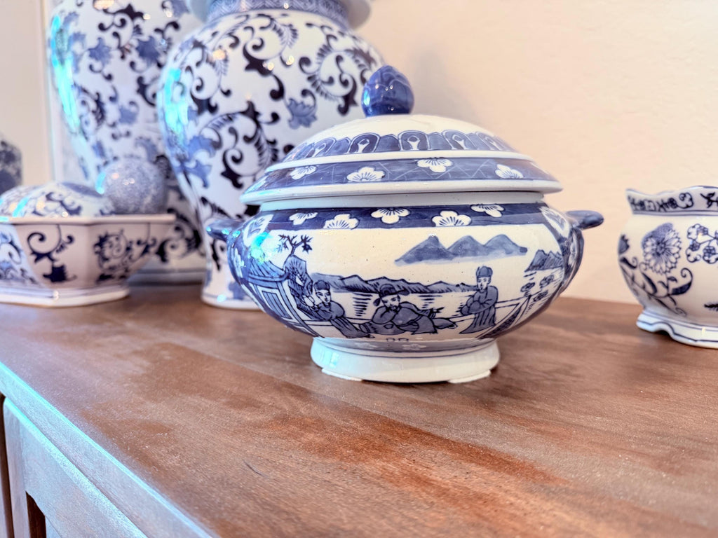 Blue White Porcelain Lidded Bowl | Chinese Landscape Calligraphy Motif Gaiwan