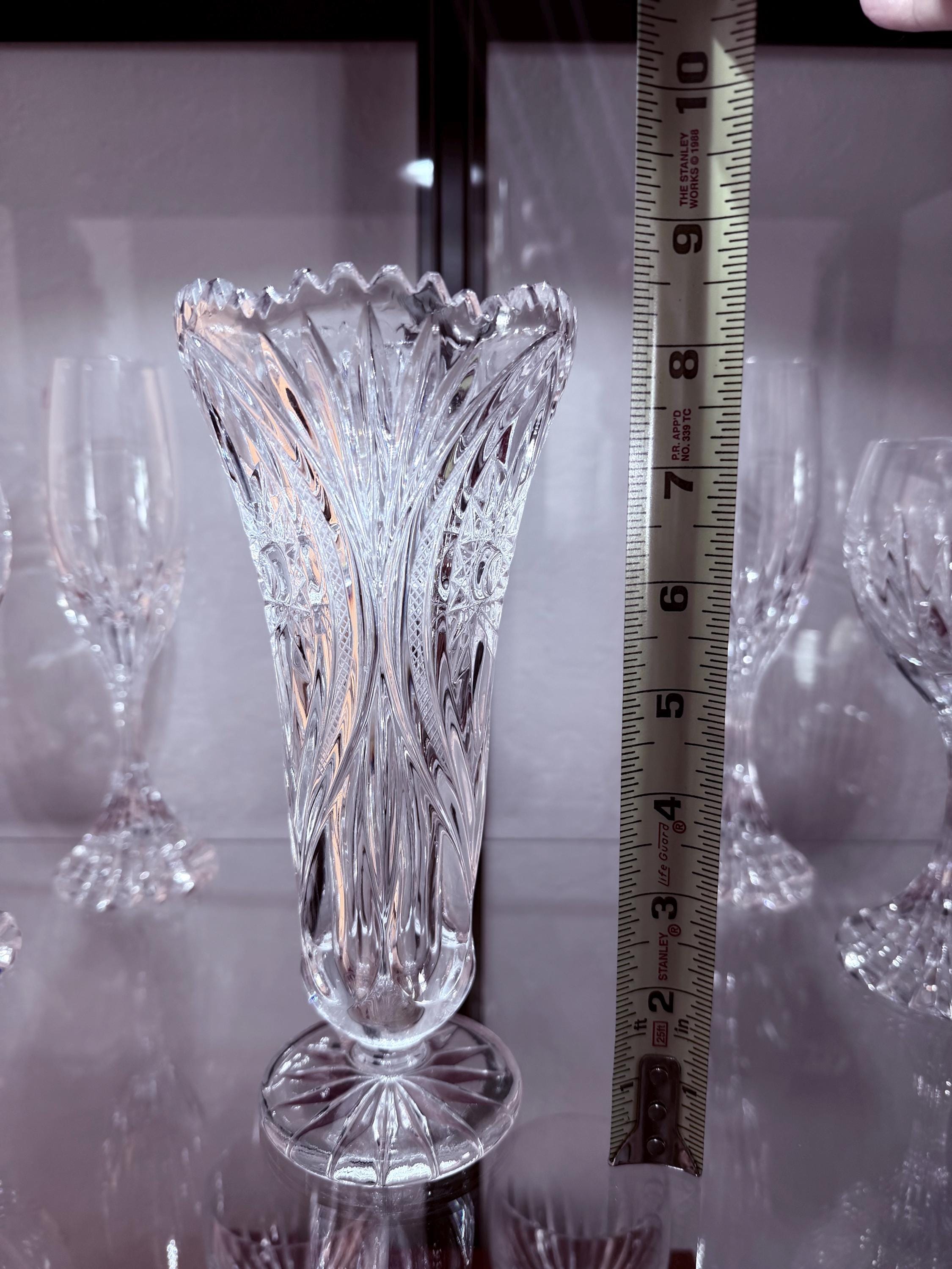 Heavy Cut Crystal Vase Footed Starburst Pattern Sawtooth Rim Elegant Lead Crystal Glass 8”